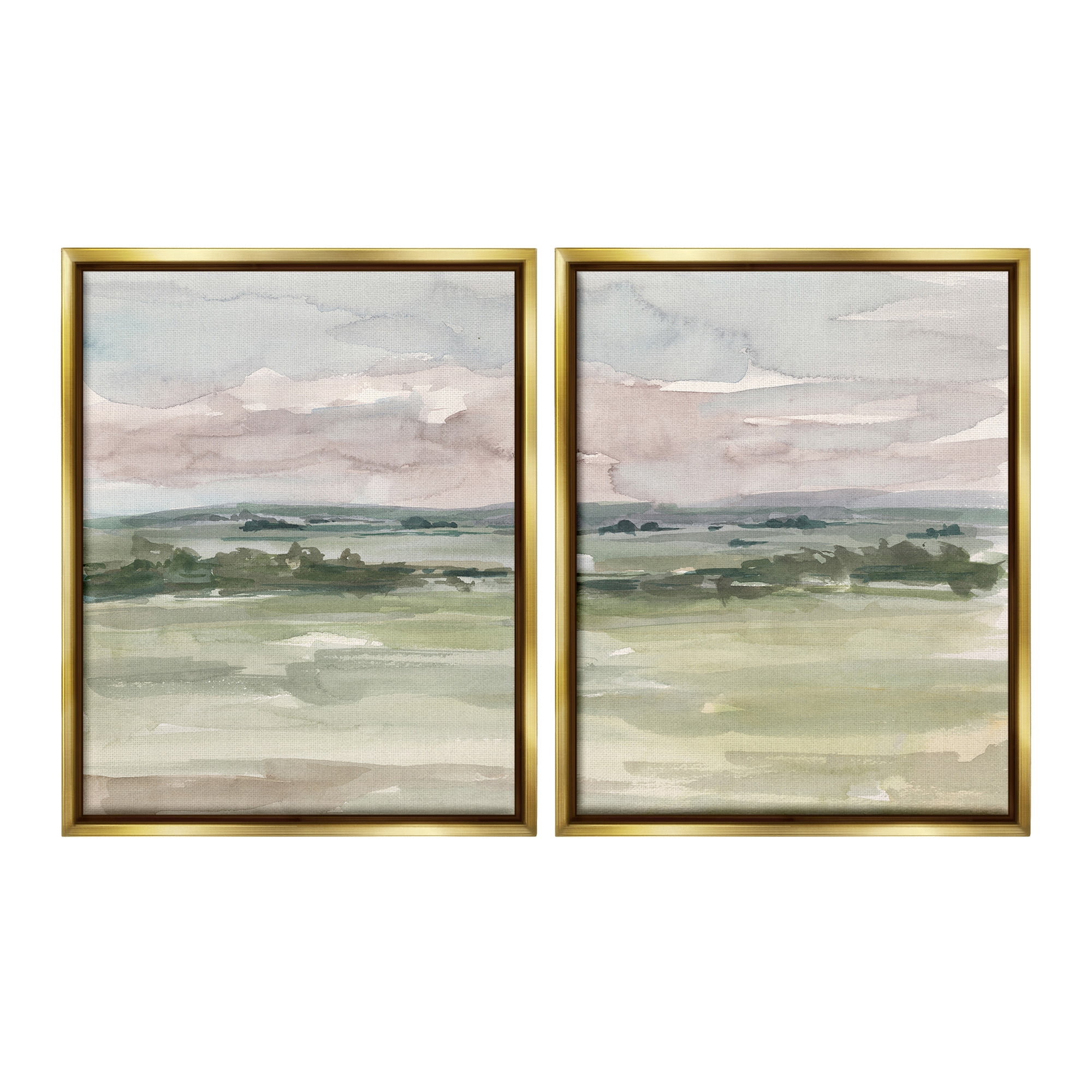 Stupell Industries Rural Landscape Watercolors Landscape Painting Gold Floater Framed Canvas Art Print Wall Art, 17 x 21, Set of 2