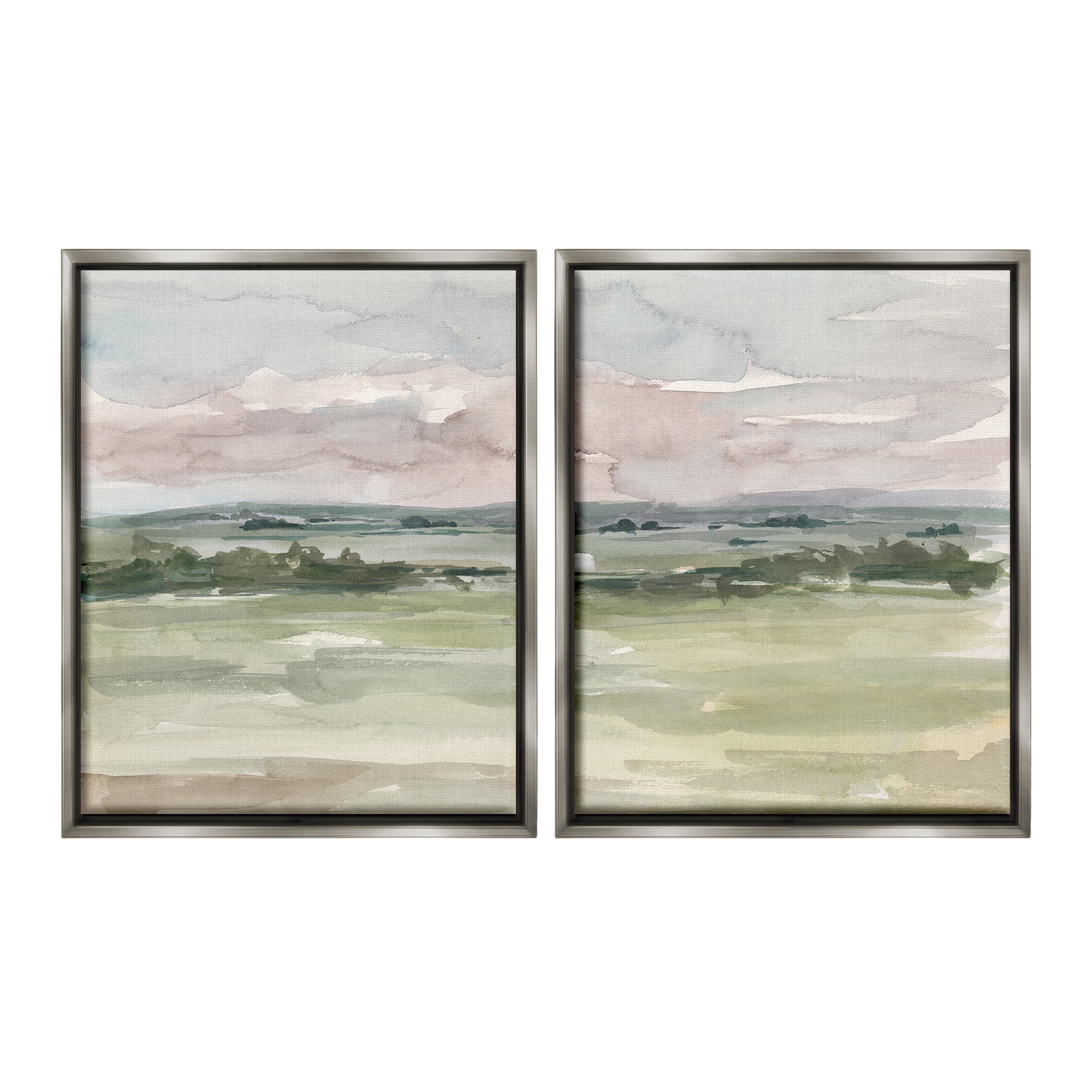 Stupell Industries Rural Landscape Watercolors Landscape Painting Gray Floater Framed Canvas Art Print Wall Art, 17 x 21, Set of 2