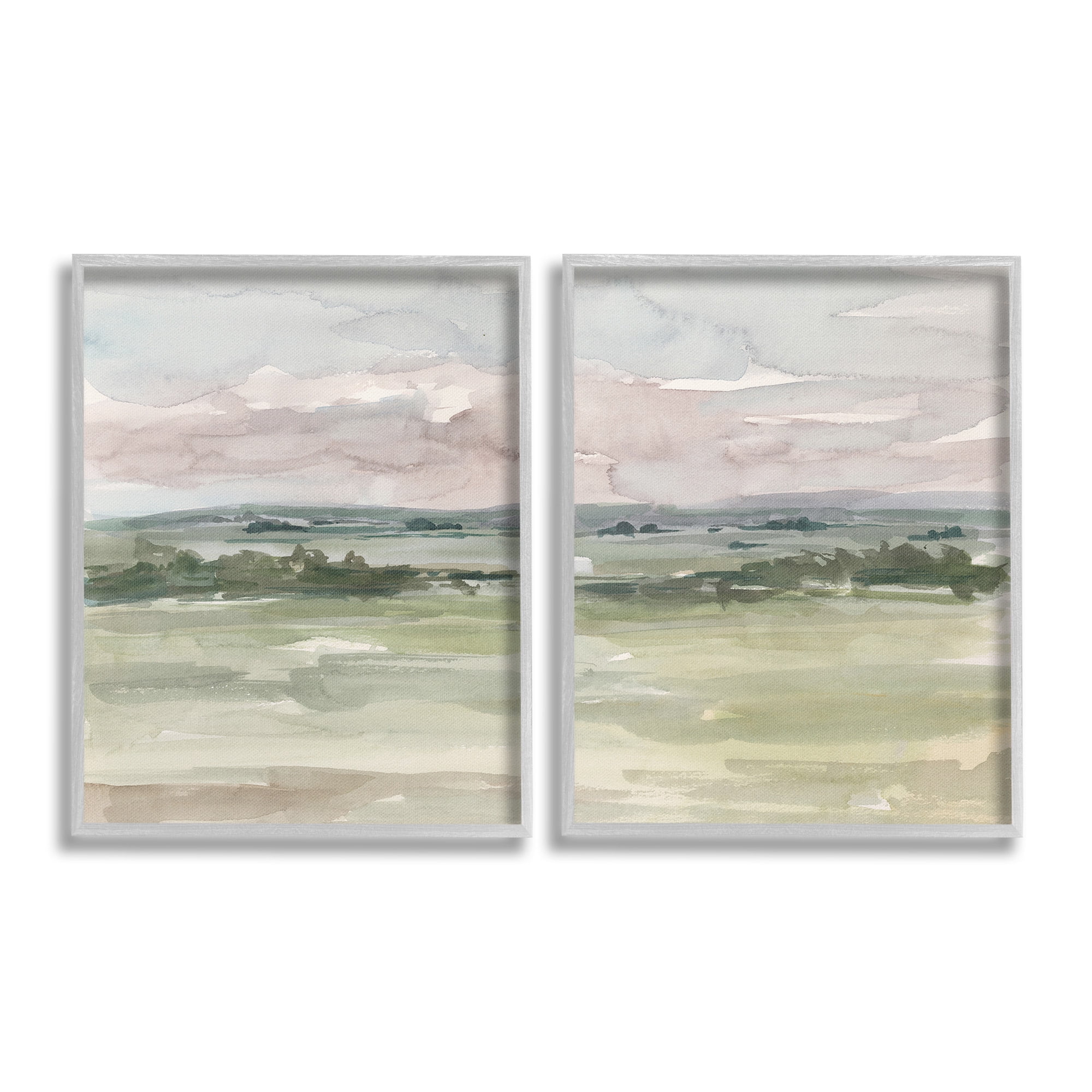 Stupell Industries Rural Landscape Watercolors Landscape Painting Gray Framed Art Print Wall Art, 24 x 30, Set of 2