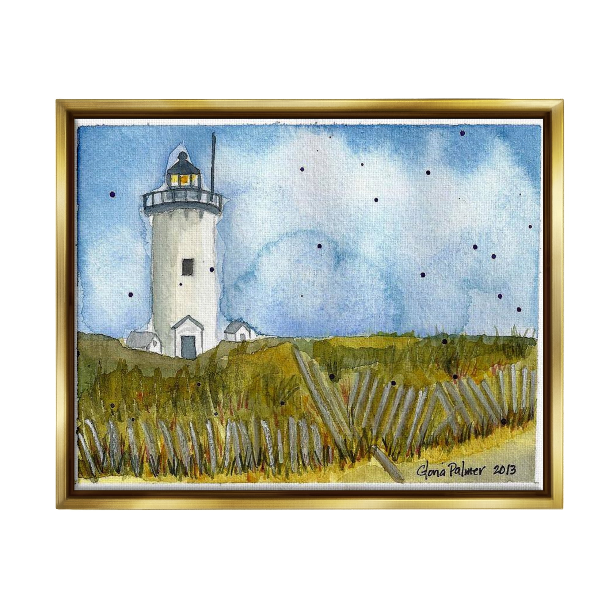 Stupell Industries Rural Lighthouse Painting Nature Painting Gold Floater Framed Art Print Wall Art, 21 x 17
