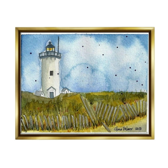 Stupell Industries Rural Lighthouse Painting Nature Painting Gold Floater Framed Art Print Wall Art, 21 x 17