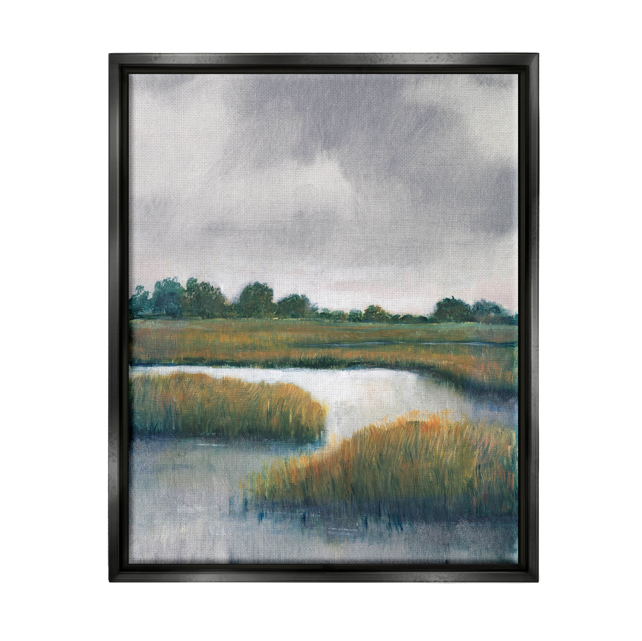 Stupell Industries Rural Marshland River Grass Painting Jet Black Floating Framed Canvas Print Wall Art, Design by Tim OToole