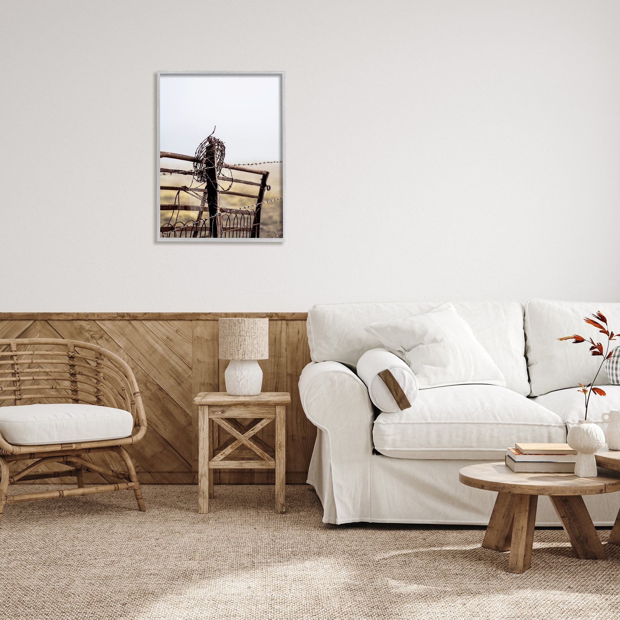 Gray Framed Rural Meadow Fence Barbed Wire Canvas Print