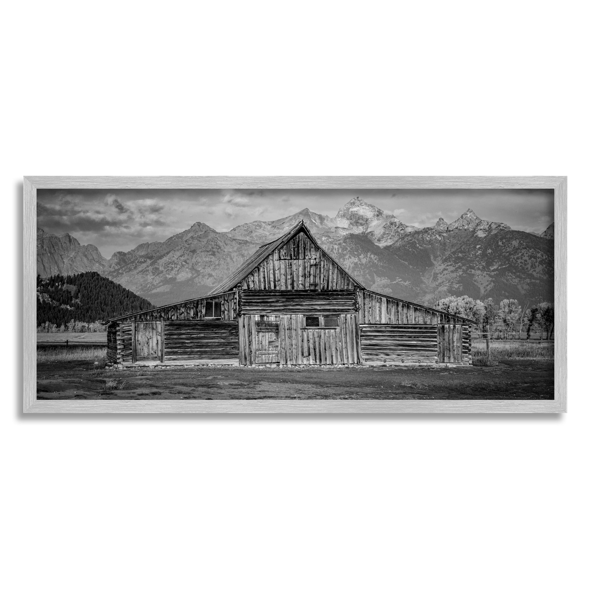 Stupell Industries Rural Mountain Cabin Landscape Photography Gray Framed Art Print Wall Art, 30 x 13