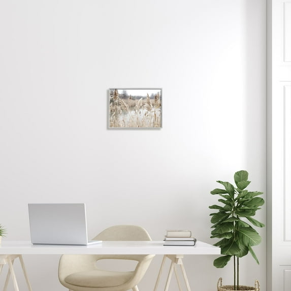 Rural Pampas Grass Reeds Lakeside Pond Marsh Gray Framed Giclee Art, 14 x 11, Made In USA