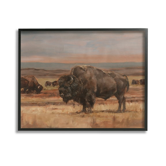 Stupell Industries Rural Pasture with Bison Animals & Insects Painting Black Framed Art Print Wall Art, 14 x 11