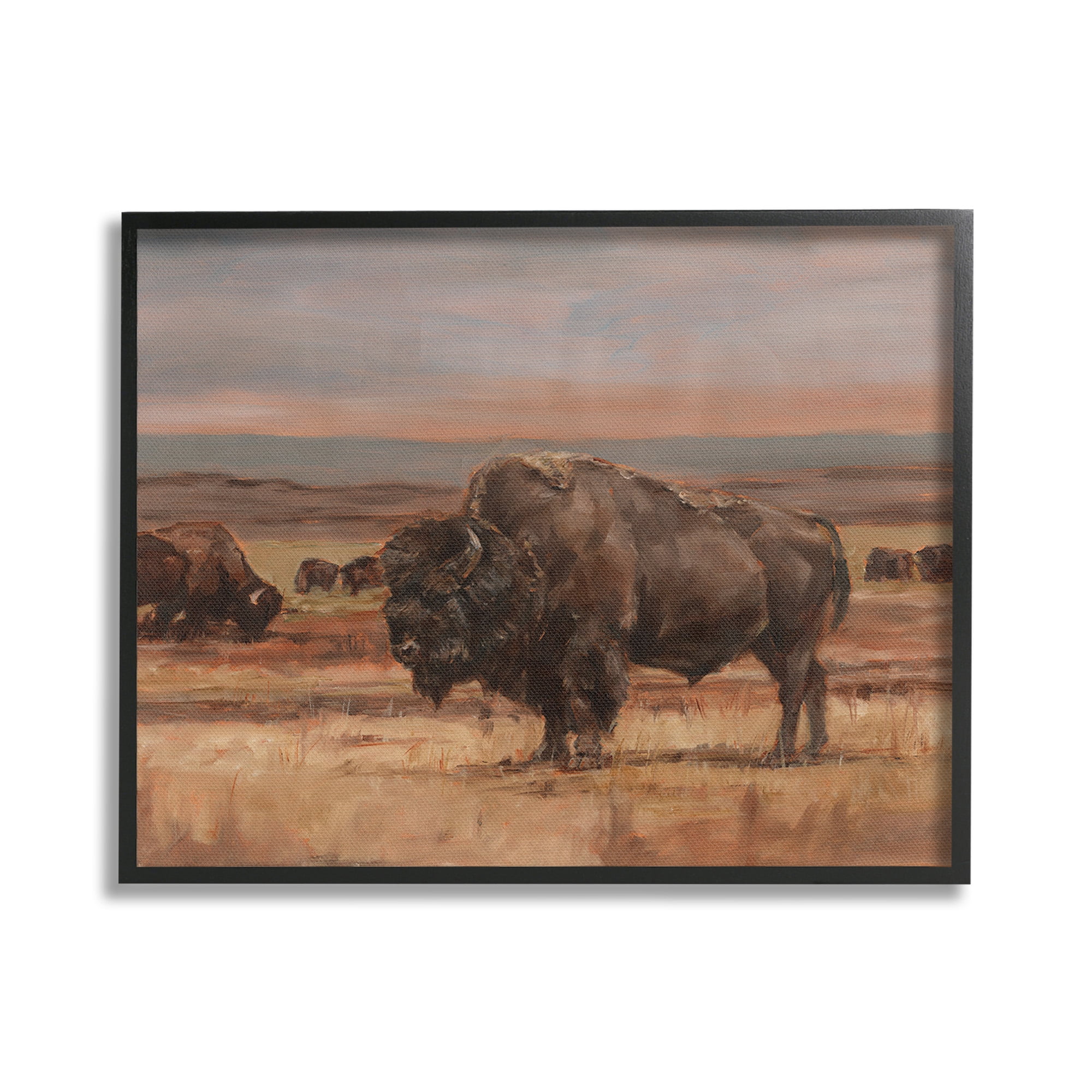 Stupell Industries Rural Pasture with Bison Animals & Insects Painting Black Framed Art Print Wall Art, 30 x 24