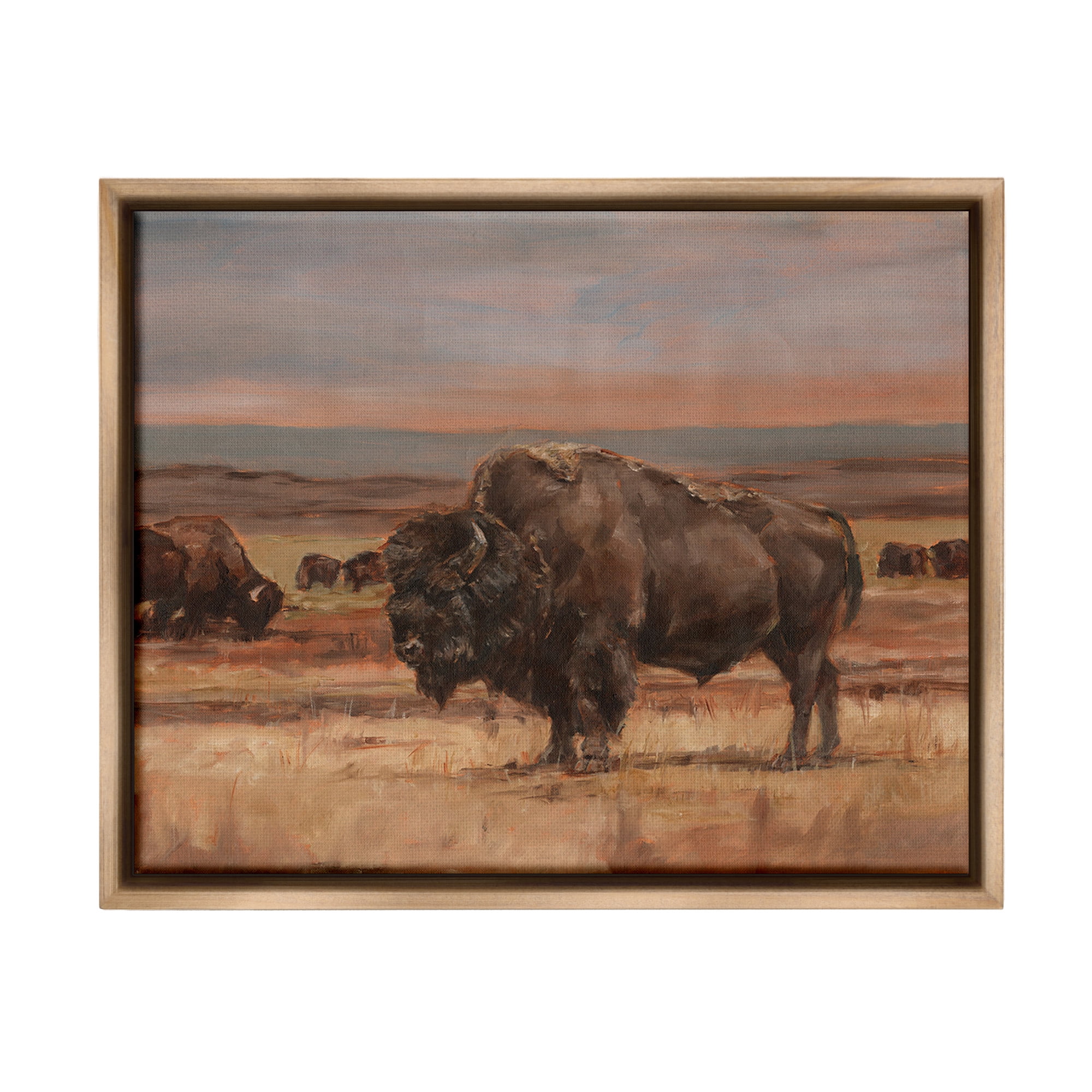 Stupell Industries Rural Pasture with Bison Animals & Insects Painting Brown Floater Framed Canvas Art Print Wall Art, 21 x 17