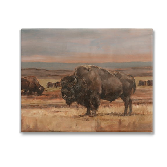 Stupell Industries Rural Pasture with Bison Animals & Insects Painting Gallery Wrapped Canvas Art Print Wall Art, 20 x 16