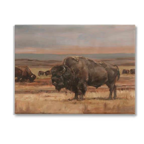 Stupell Industries Rural Pasture with Bison Animals & Insects Painting Gallery Wrapped Canvas Art Print Wall Art, 48 x 36