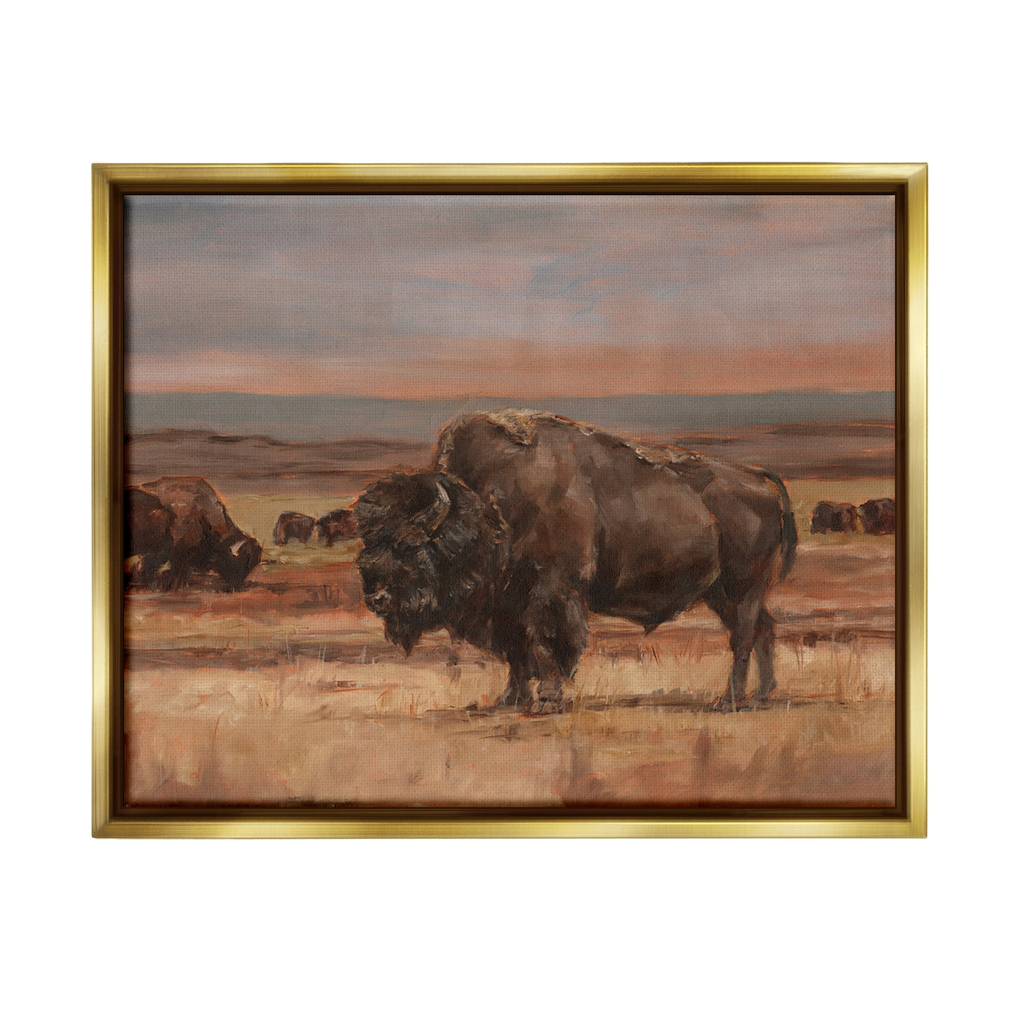 Stupell Industries Rural Pasture with Bison Animals & Insects Painting Gold Floater Framed Canvas Art Print Wall Art, 31 x 25