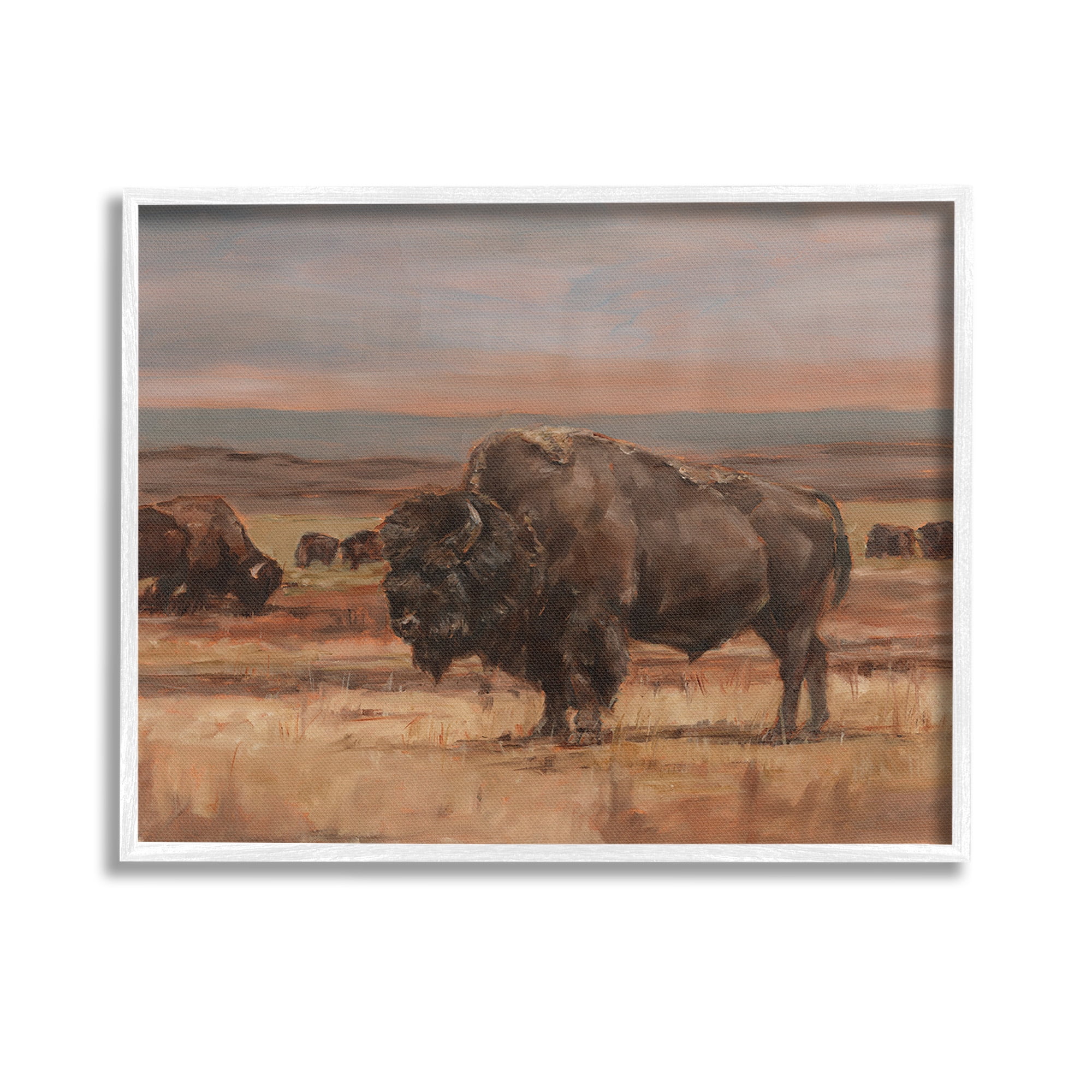 Stupell Industries Rural Pasture with Bison Animals & Insects Painting White Framed Art Print Wall Art, 14 x 11