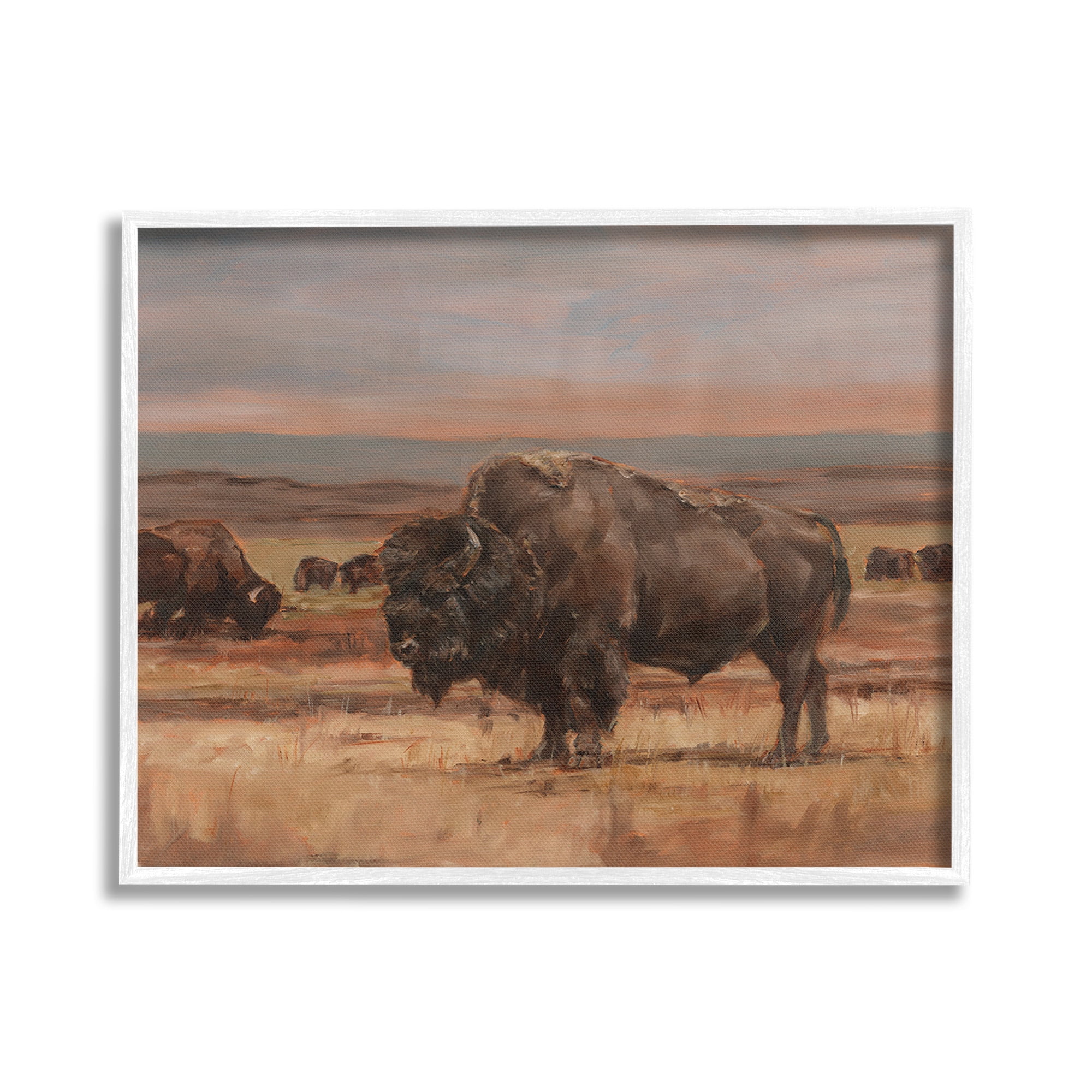 Stupell Industries Rural Pasture with Bison Animals & Insects Painting White Framed Art Print Wall Art, 30 x 24