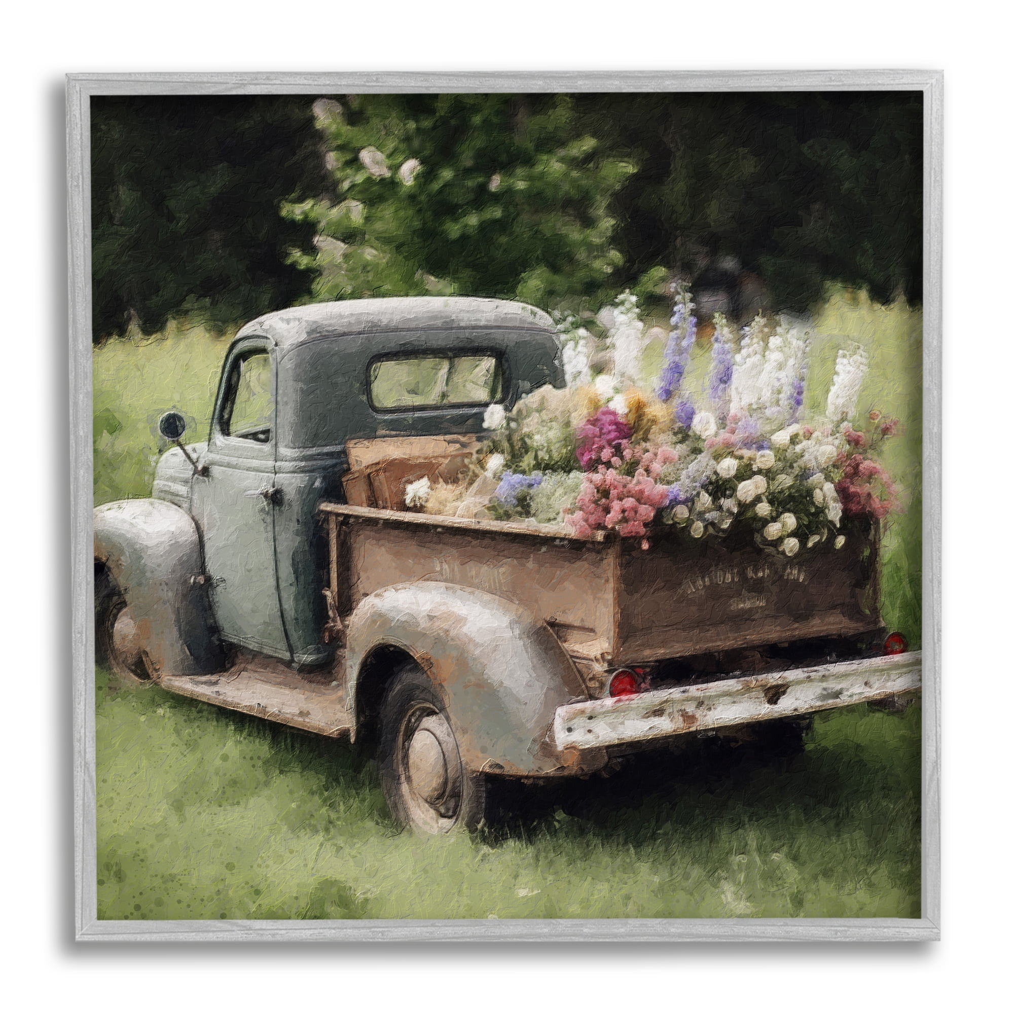 Stupell Industries Rural Pickup with Flowers Transportation Painting Gray Framed Art Print Wall Art, 24 x 24