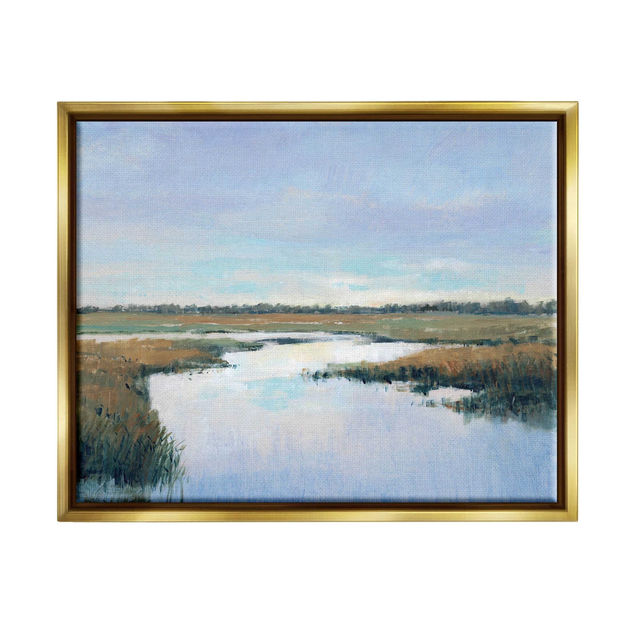 Stupell Industries Rural River Horizon Landscape Painting Metallic Gold Floating Framed Canvas Print Wall Art, Design by Tim OToole