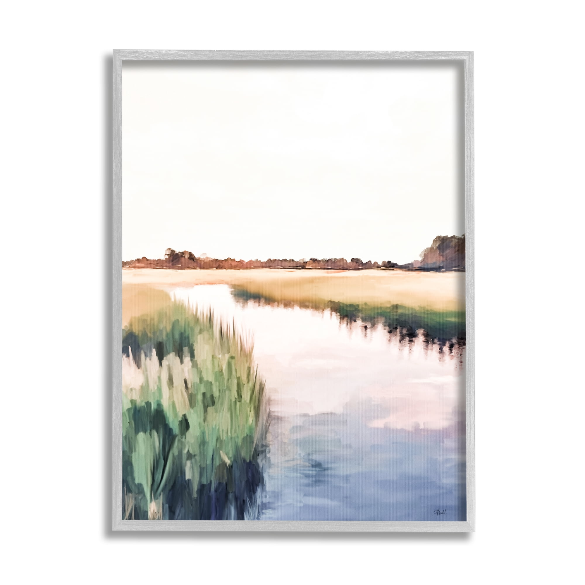 Stupell Industries Rural River Horizon Nature Painting Gray Framed Art Print Wall Art, 11 x 14