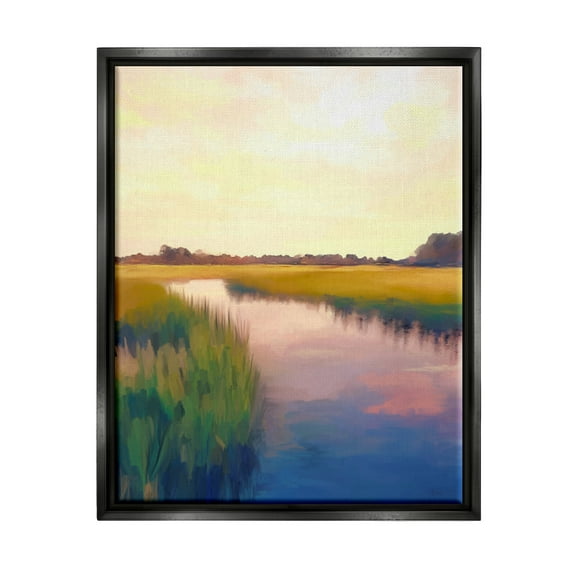 Stupell Industries Rural River Sunrise Nature Painting Black Floater Framed Art Print Wall Art, 17 x 21