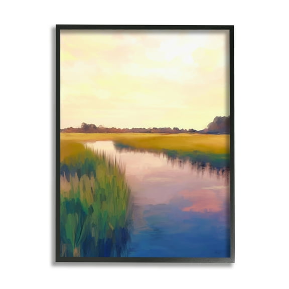 Stupell Industries Rural River Sunrise Nature Painting Black Framed Art Print Wall Art, 11 x 14