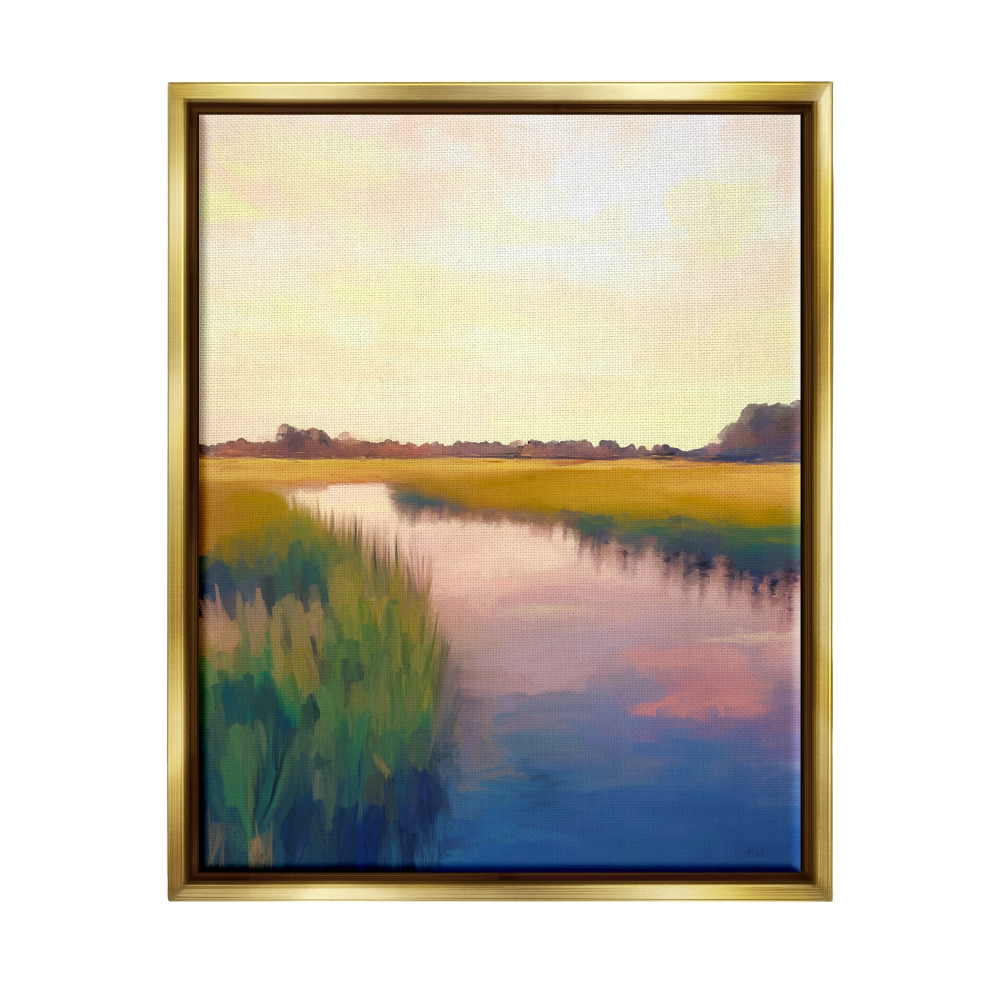 Stupell Industries Rural River Sunrise Nature Painting Gold Floater Framed Art Print Wall Art, 25 x 31