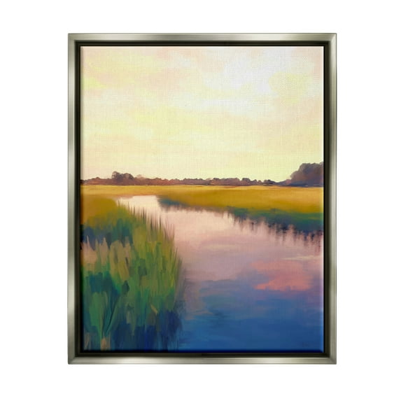 Stupell Industries Rural River Sunrise Nature Painting Gray Floater Framed Art Print Wall Art, 25 x 31