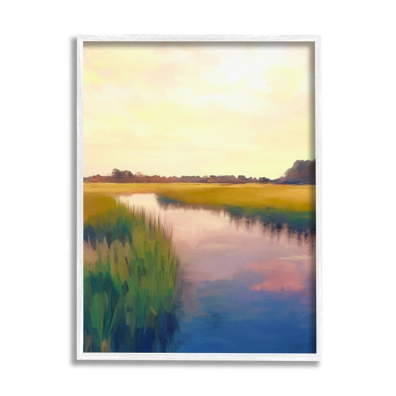 Stupell Industries Rural River Sunrise Nature Painting White Framed Art Print Wall Art, 24 x 30