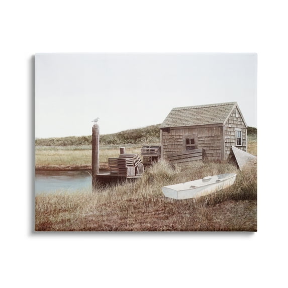 Stupell Industries Rural Seaside Cabin Seagull Perched Canoe Boat Painting Gallery Wrapped Canvas Print Wall Art, Design by Tom Mielko