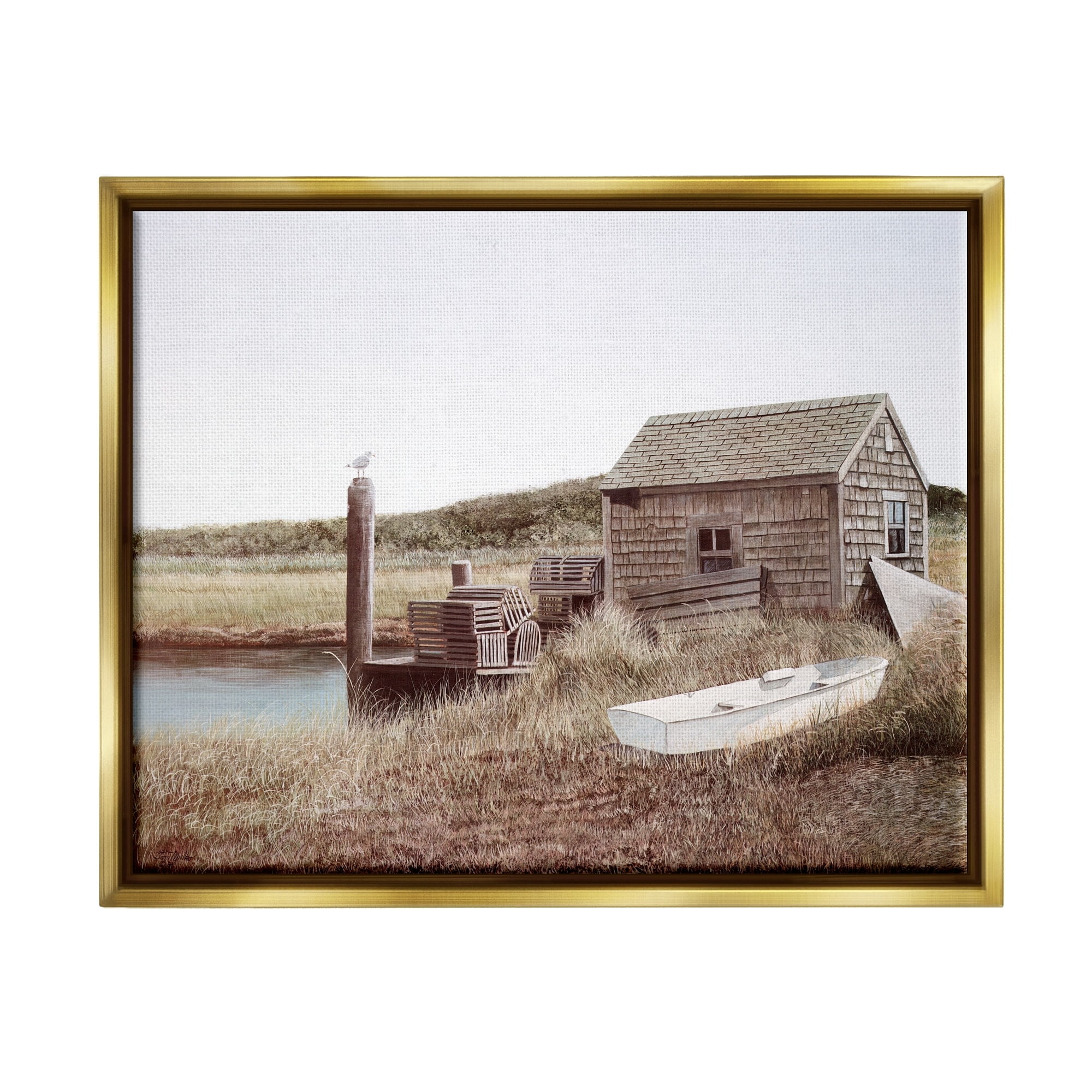 Stupell Industries Rural Seaside Cabin Seagull Perched Canoe Boat Painting Metallic Gold Floating Framed Canvas Print Wall Art, Design by Tom Mielko