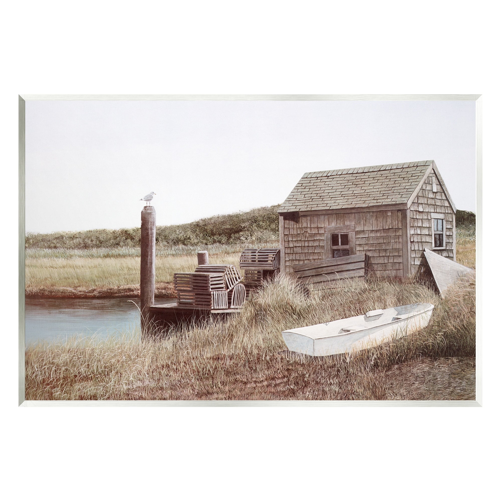 Stupell Industries Rural Seaside Cabin Seagull Perched Canoe Boat Painting Unframed Art Print Wall Art, Design by Tom Mielko