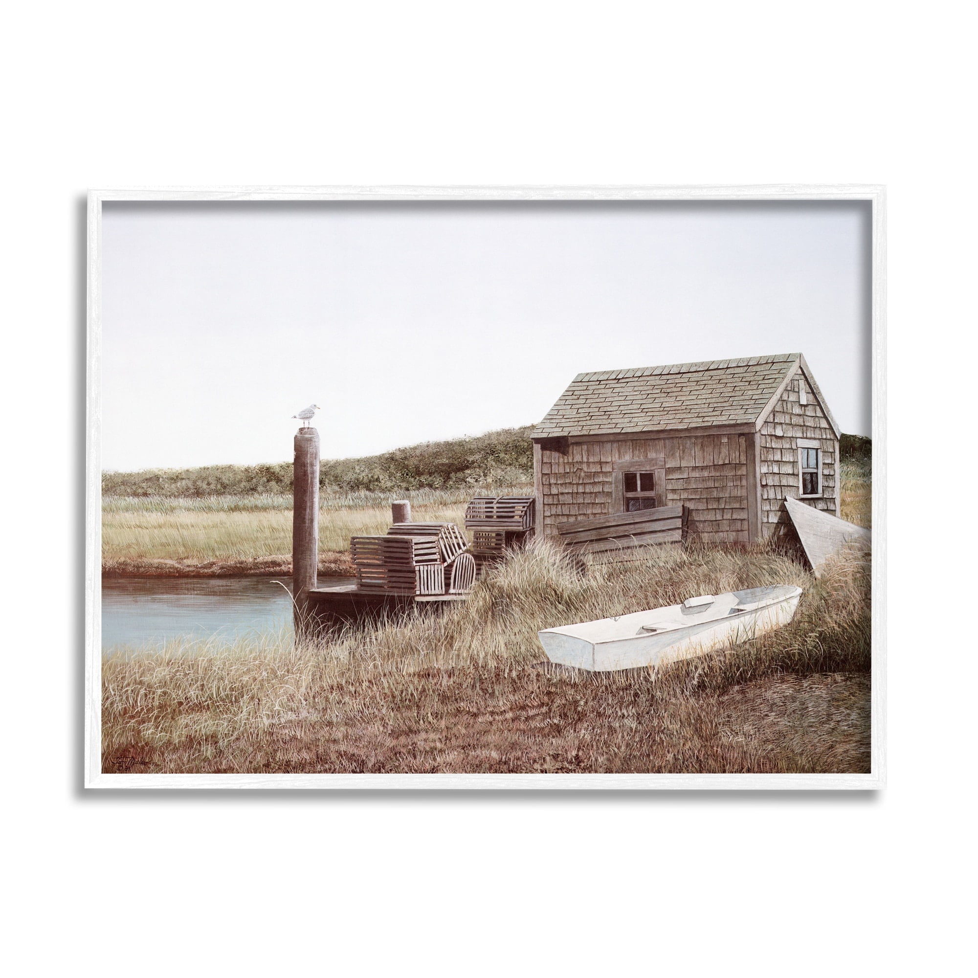Stupell Industries Rural Seaside Cabin Seagull Perched Canoe Boat Painting White Framed Art Print Wall Art, Design by Tom Mielko