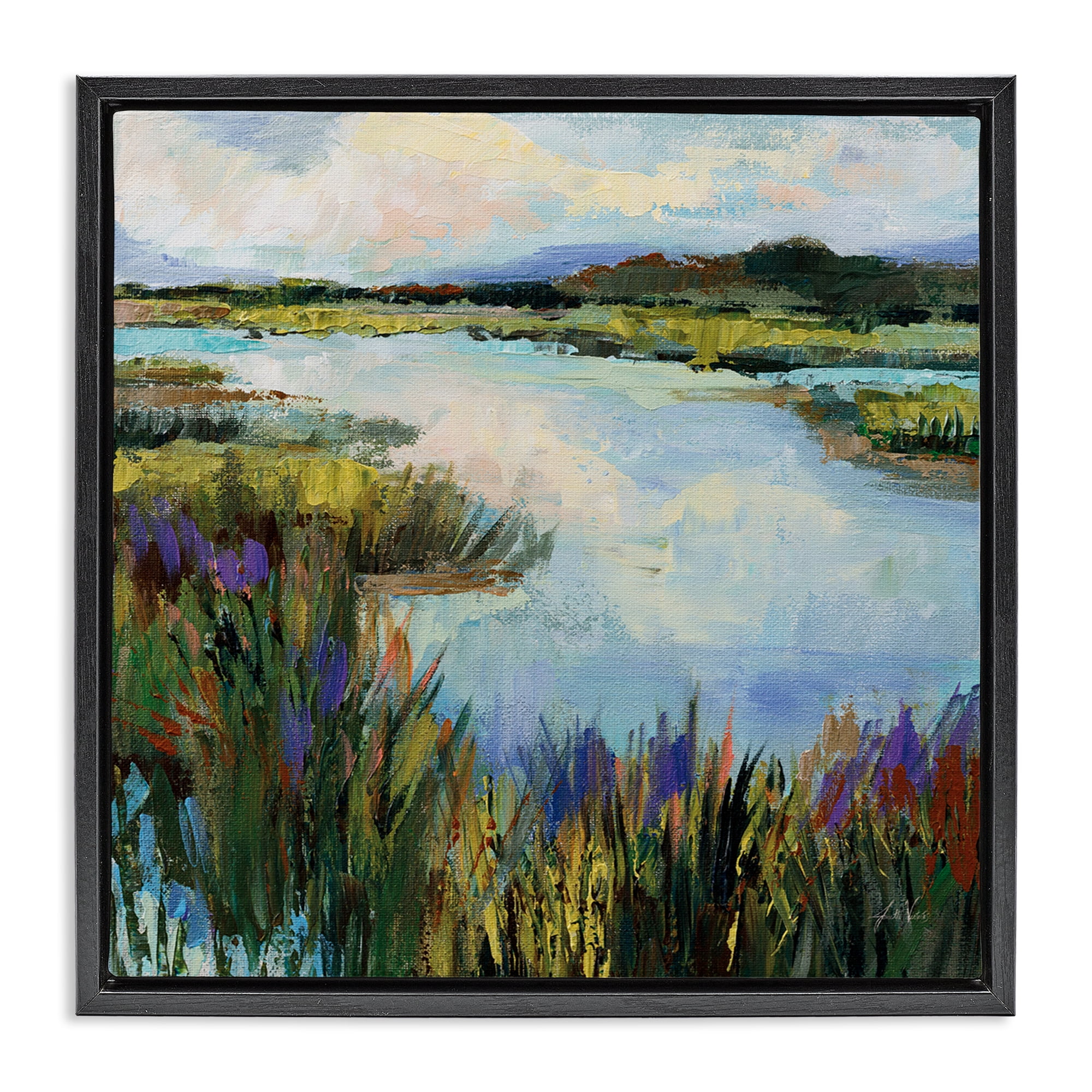 Stupell Industries Rural Stream Nature Landscape Painting Black Floater Framed Canvas Art Print Wall Art, 25 x 25