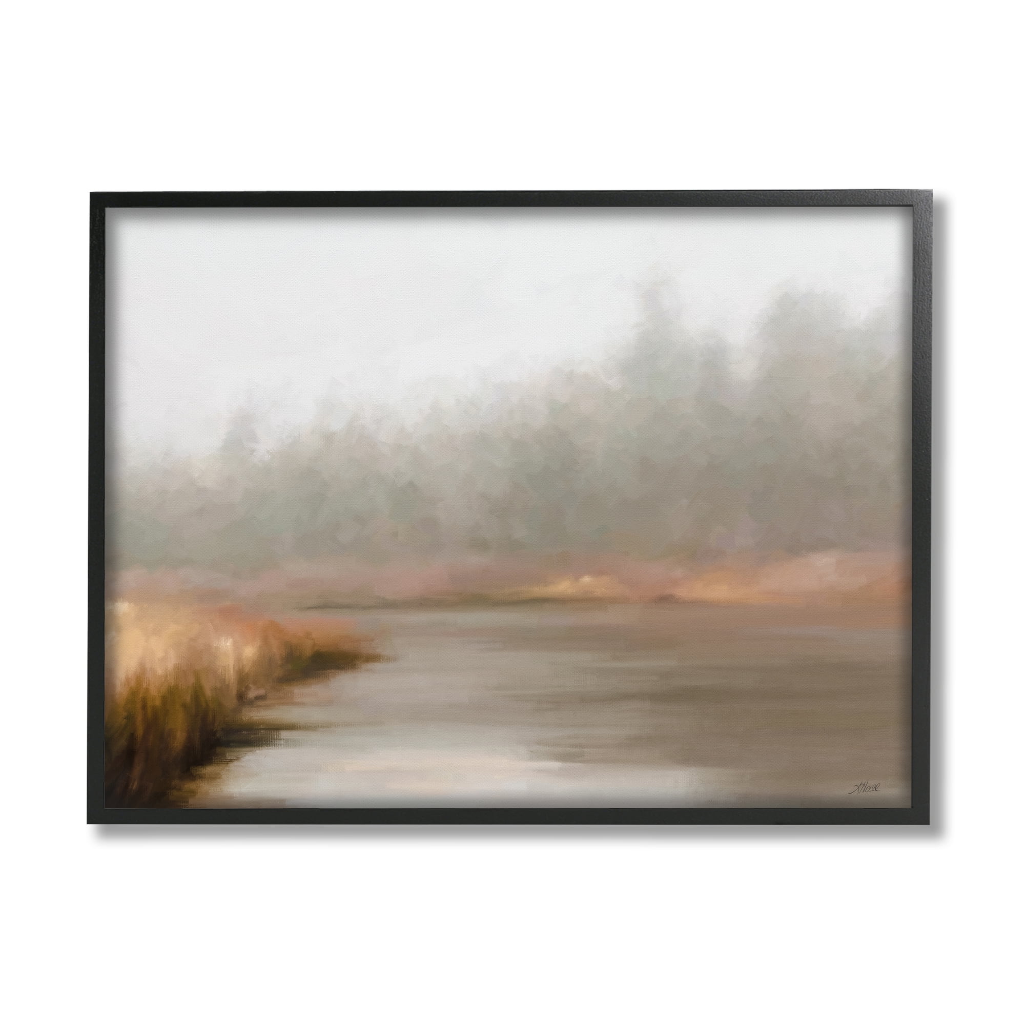 Stupell Industries Rural Stream in Fog Nature Painting Black Framed Art Print Wall Art, 20 x 16