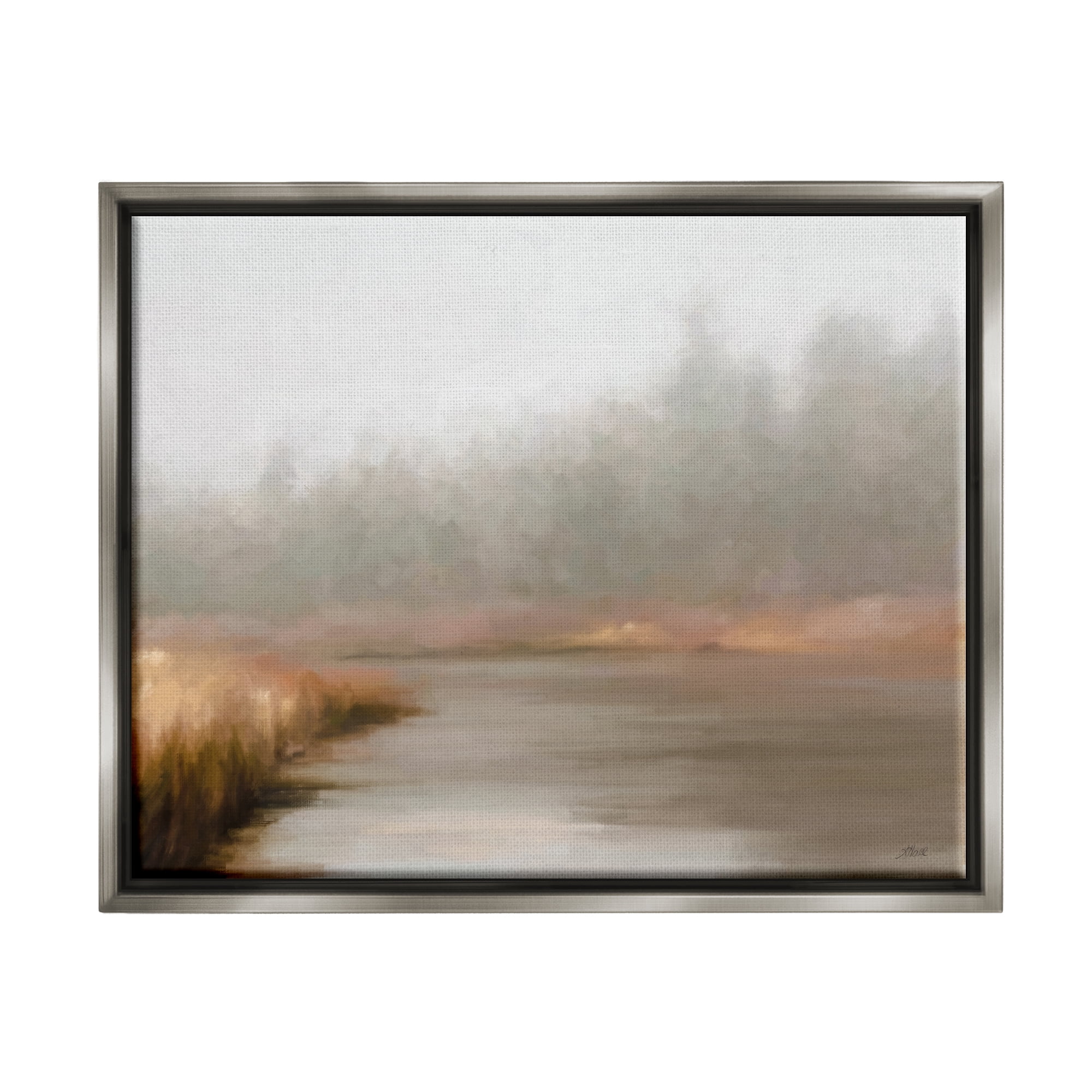 Stupell Industries Rural Stream in Fog Nature Painting Gray Floater Framed Art Print Wall Art, 21 x 17