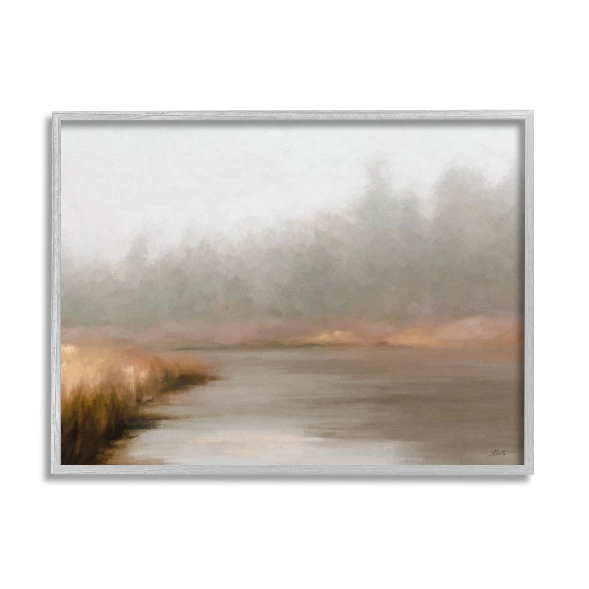 Stupell Industries Rural Stream in Fog Nature Painting Gray Framed Art Print Wall Art, 20 x 16