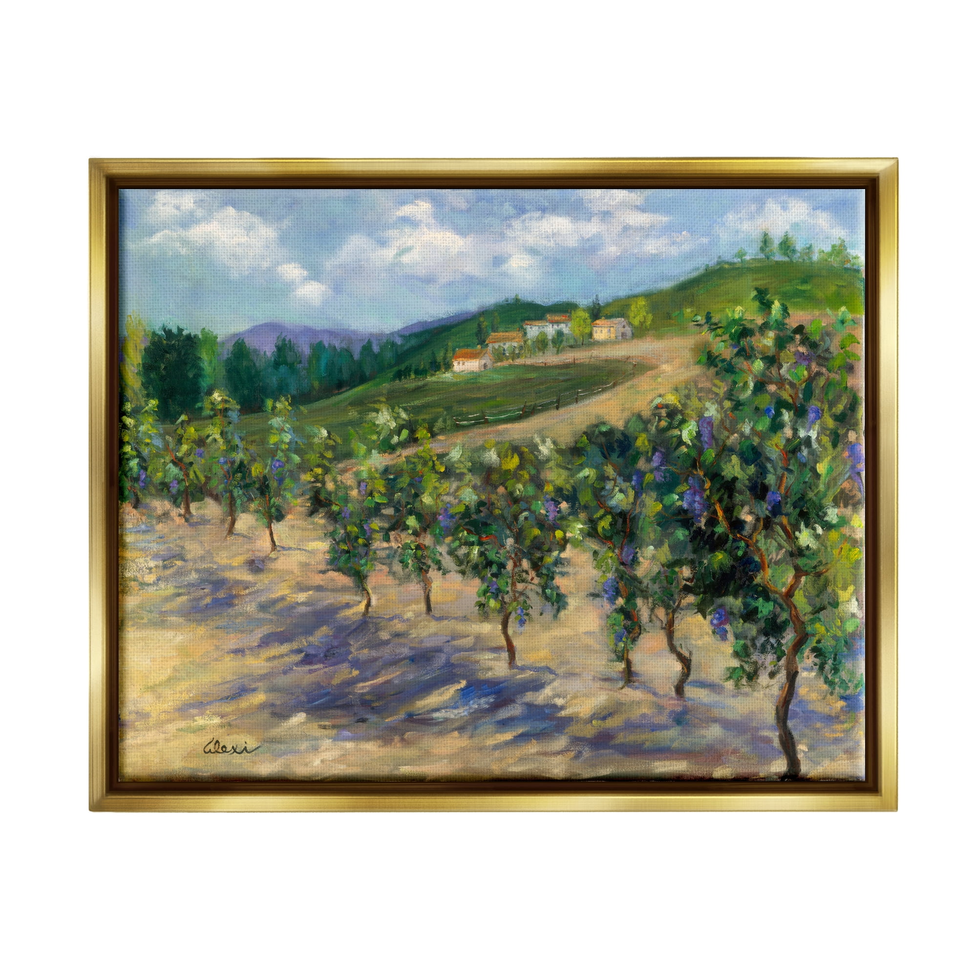 Stupell Industries Rural Vineyard Painting Landscape Painting Gold Floater Framed Canvas Art Print Wall Art, 21 x 17