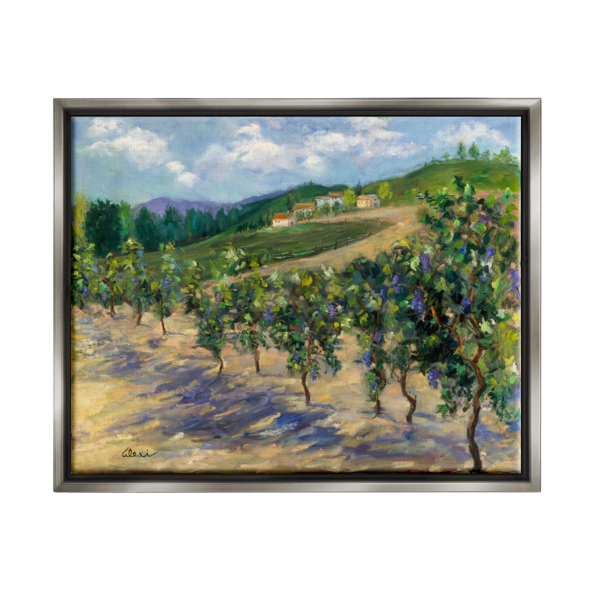 Stupell Industries Rural Vineyard Painting Landscape Painting Gray Floater Framed Canvas Art Print Wall Art, 21 x 17