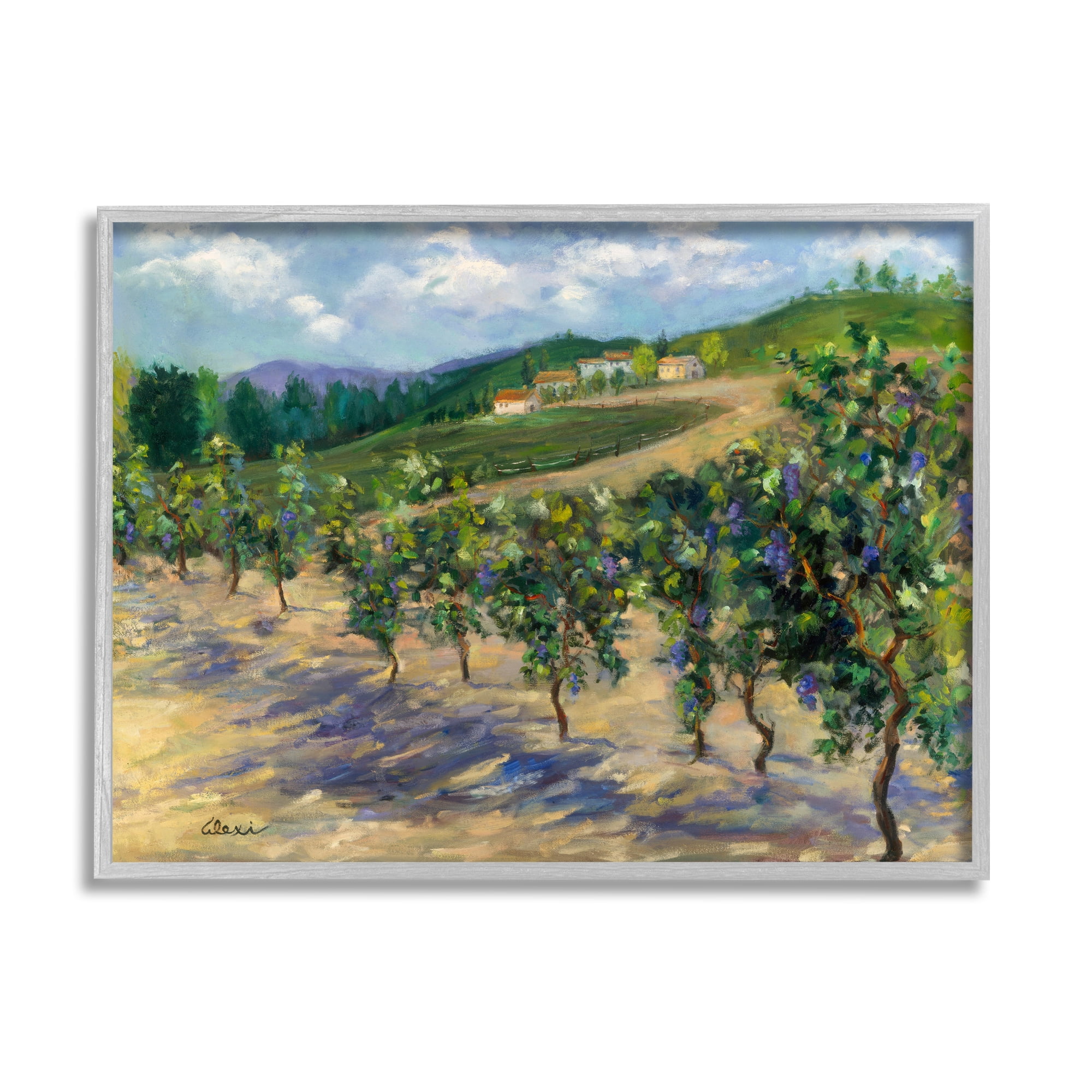 Stupell Industries Rural Vineyard Painting Landscape Painting Gray Framed Art Print Wall Art, 30 x 24