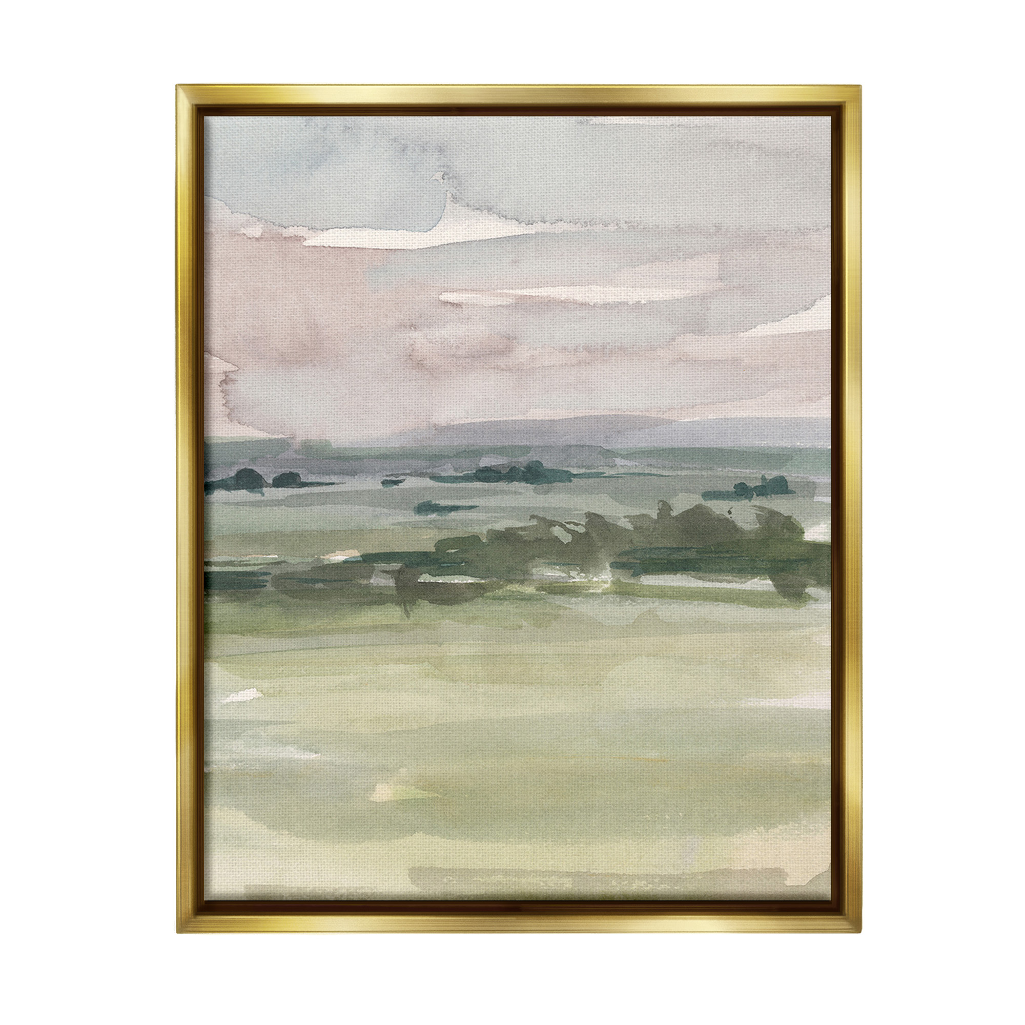 Stupell Industries Rural Watercolor Landscape Landscape Painting Gold Floater Framed Canvas Art Print Wall Art, 17 x 21