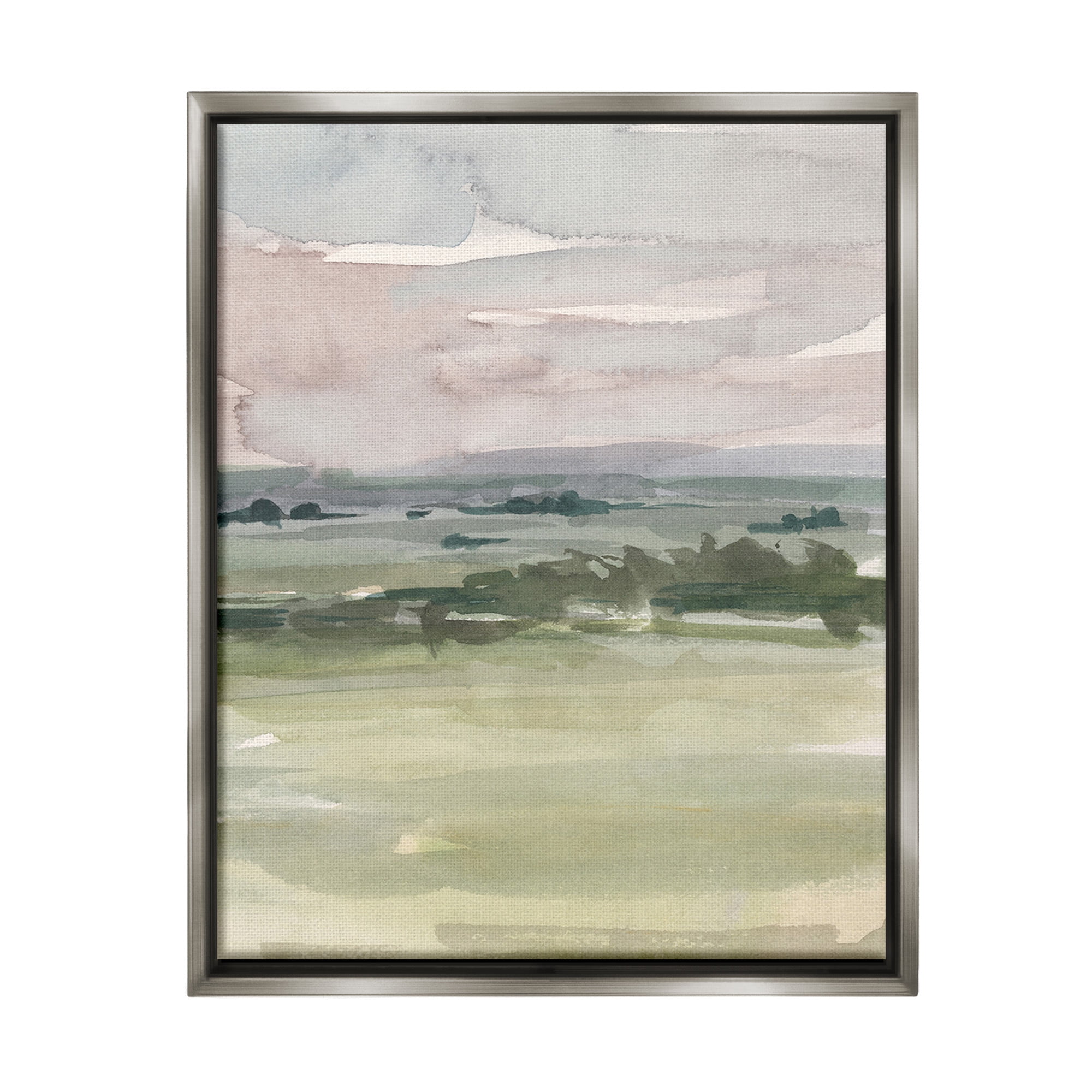 Stupell Industries Rural Watercolor Landscape Landscape Painting Gray Floater Framed Canvas Art Print Wall Art, 25 x 31