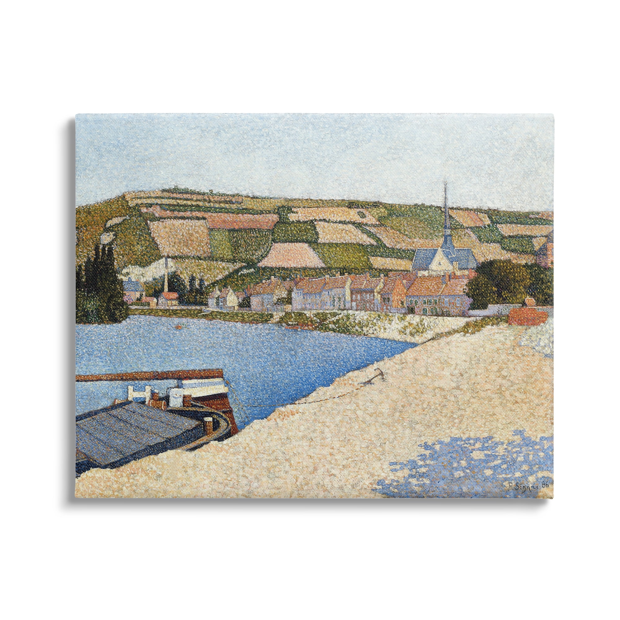 Stupell Industries Rural Waterside Town Boat Dock Distant Farmland Painting Gallery Wrapped Canvas Print Wall Art, Design by Lettered and Lined