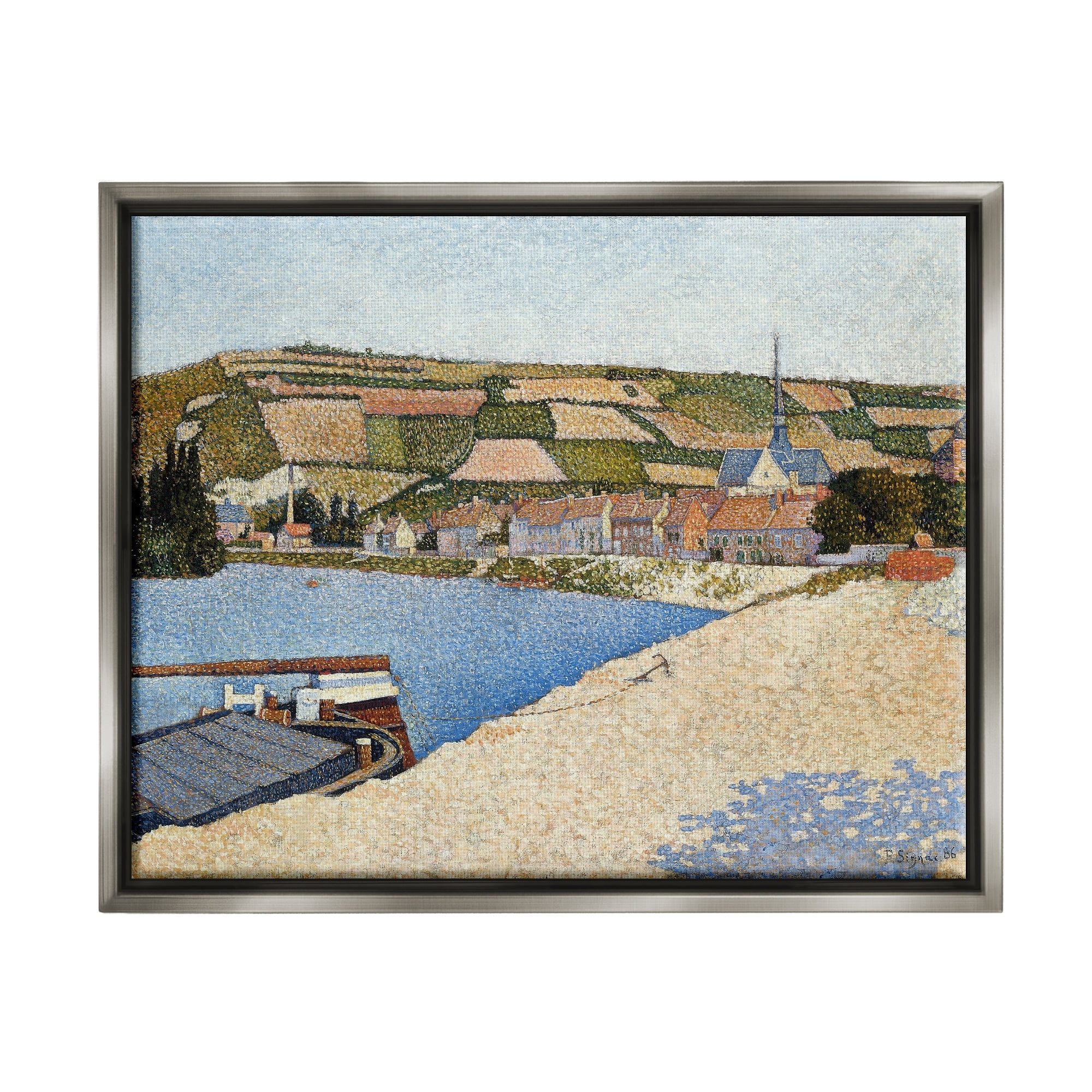Stupell Industries Rural Waterside Town Boat Dock Distant Farmland Painting Luster Gray Floating Framed Canvas Print Wall Art, Design by Lettered and Lined