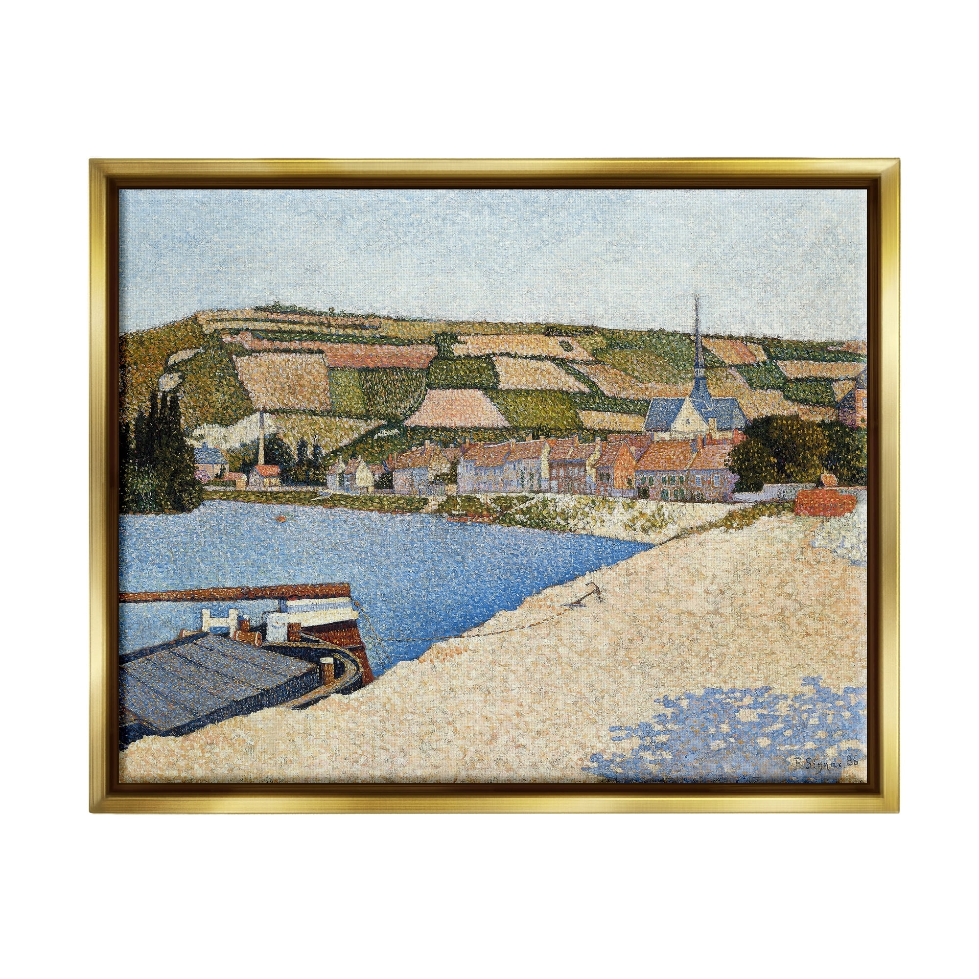 Stupell Industries Rural Waterside Town Boat Dock Distant Farmland Painting Metallic Gold Floating Framed Canvas Print Wall Art, Design by Lettered and Lined