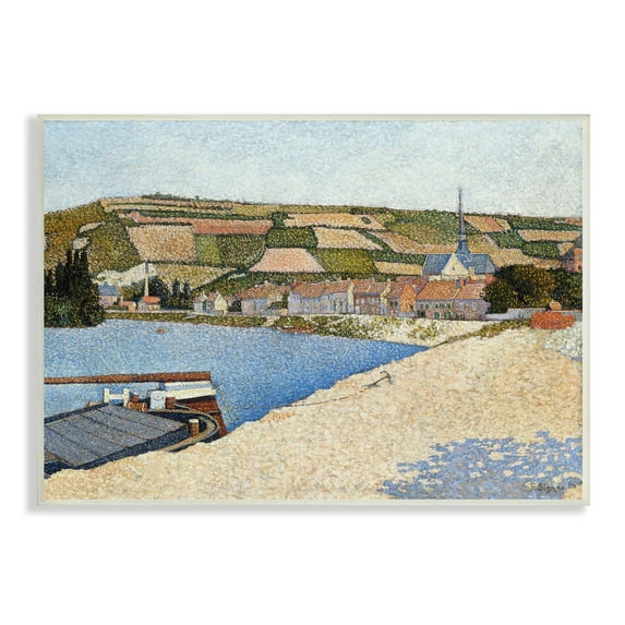 Stupell Industries Rural Waterside Town Boat Dock Distant Farmland Painting Unframed Art Print Wall Art, Design by Lettered and Lined