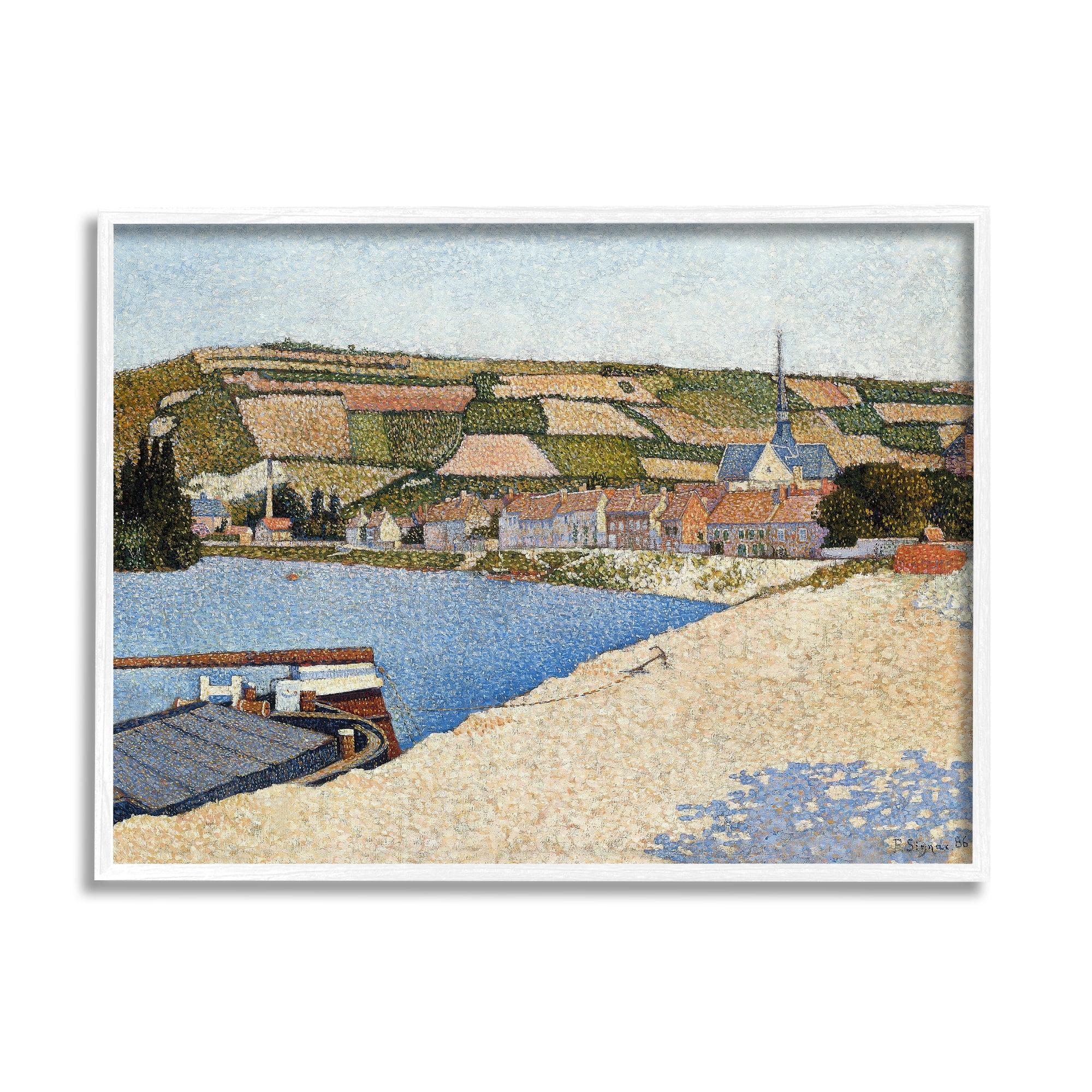Stupell Industries Rural Waterside Town Boat Dock Distant Farmland Painting White Framed Art Print Wall Art, Design by Lettered and Lined