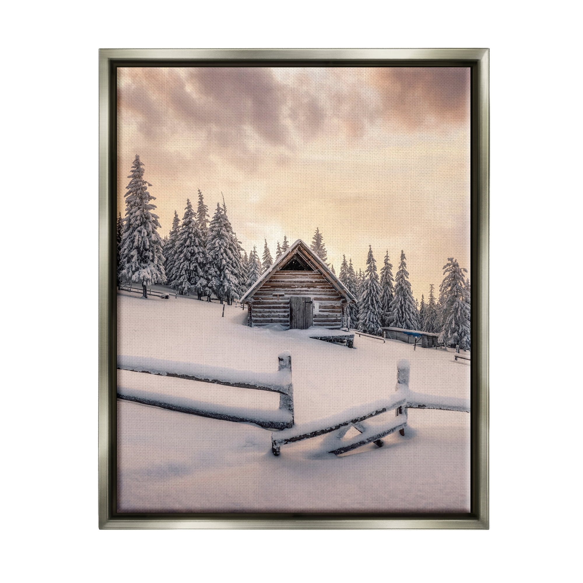 Stupell Industries Rural Winter Cabin Landscape Photography Gray Floater Framed Canvas Art Print Wall Art, 25 x 31