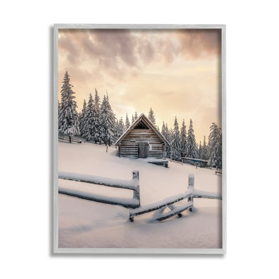 Stupell Industries Rural Winter Cabin Landscape Photography Gray Framed Art Print Wall Art, 16 x 20