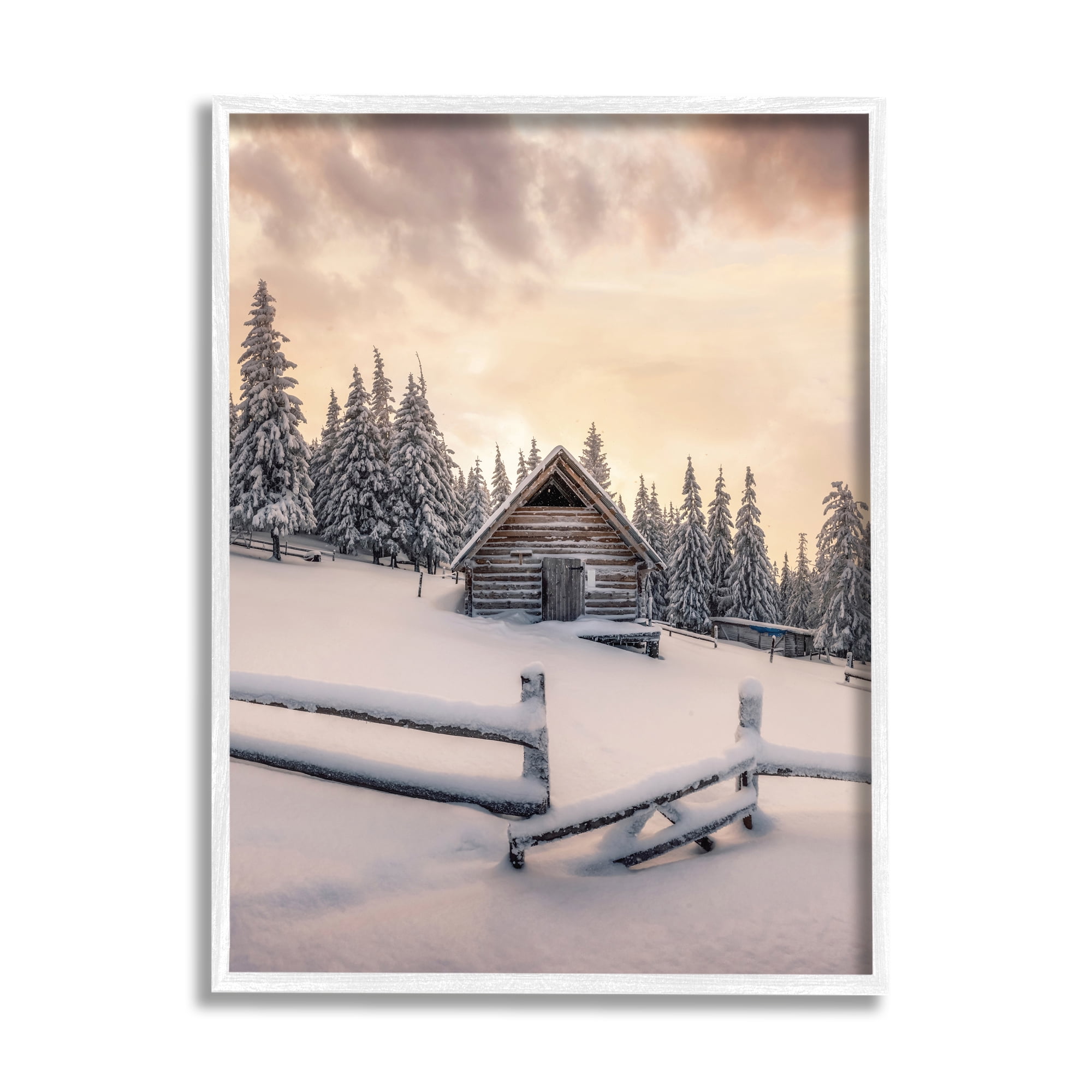Stupell Industries Rural Winter Cabin Landscape Photography White Framed Art Print Wall Art, 11 x 14