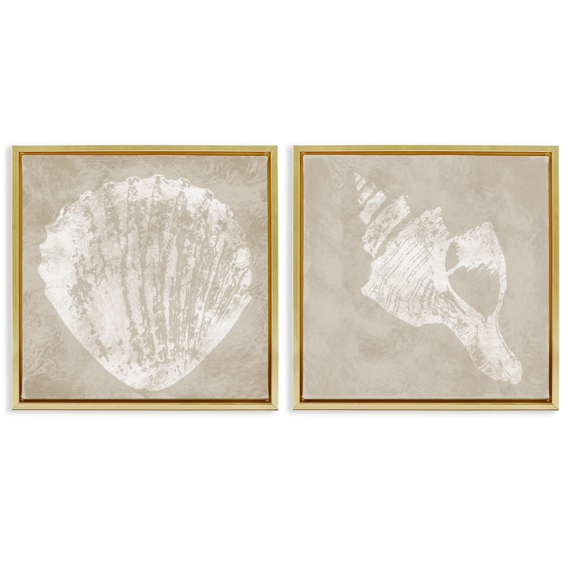 Stupell Industries Rustic Abstract Seashells Nautical & Beach Painting Gold Floater Framed Canvas Art Print Wall Art, 18 x 18, Set of 2