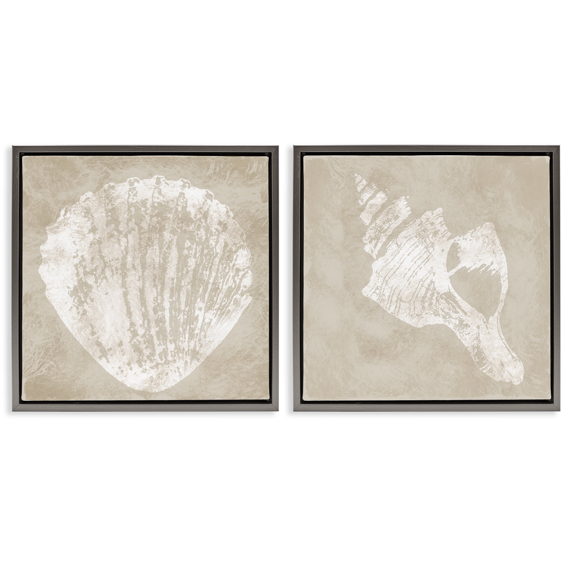 Stupell Industries Rustic Abstract Seashells Nautical & Beach Painting Gray Floater Framed Canvas Art Print Wall Art, 18 x 18, Set of 2