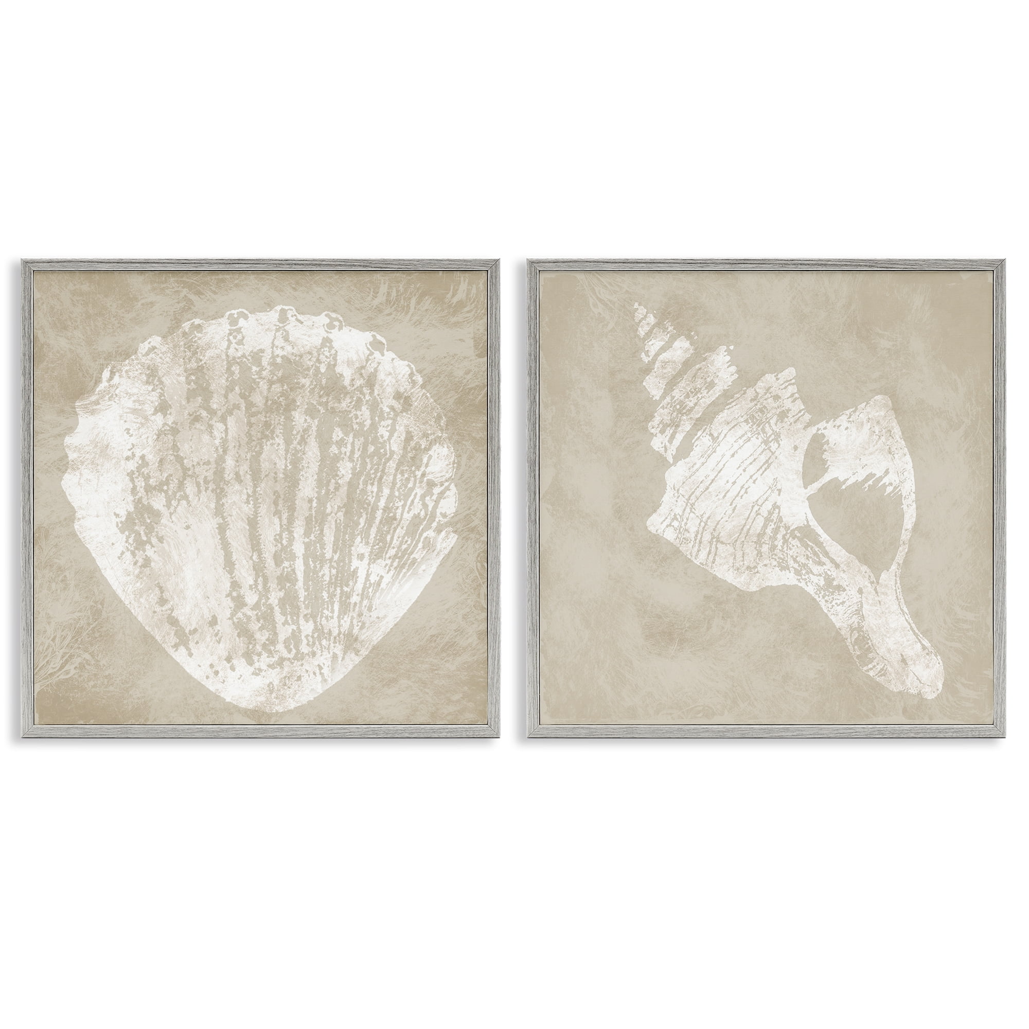 Stupell Industries Rustic Abstract Seashells Nautical & Beach Painting Gray Framed Art Print Wall Art, 12 x 12, Set of 2