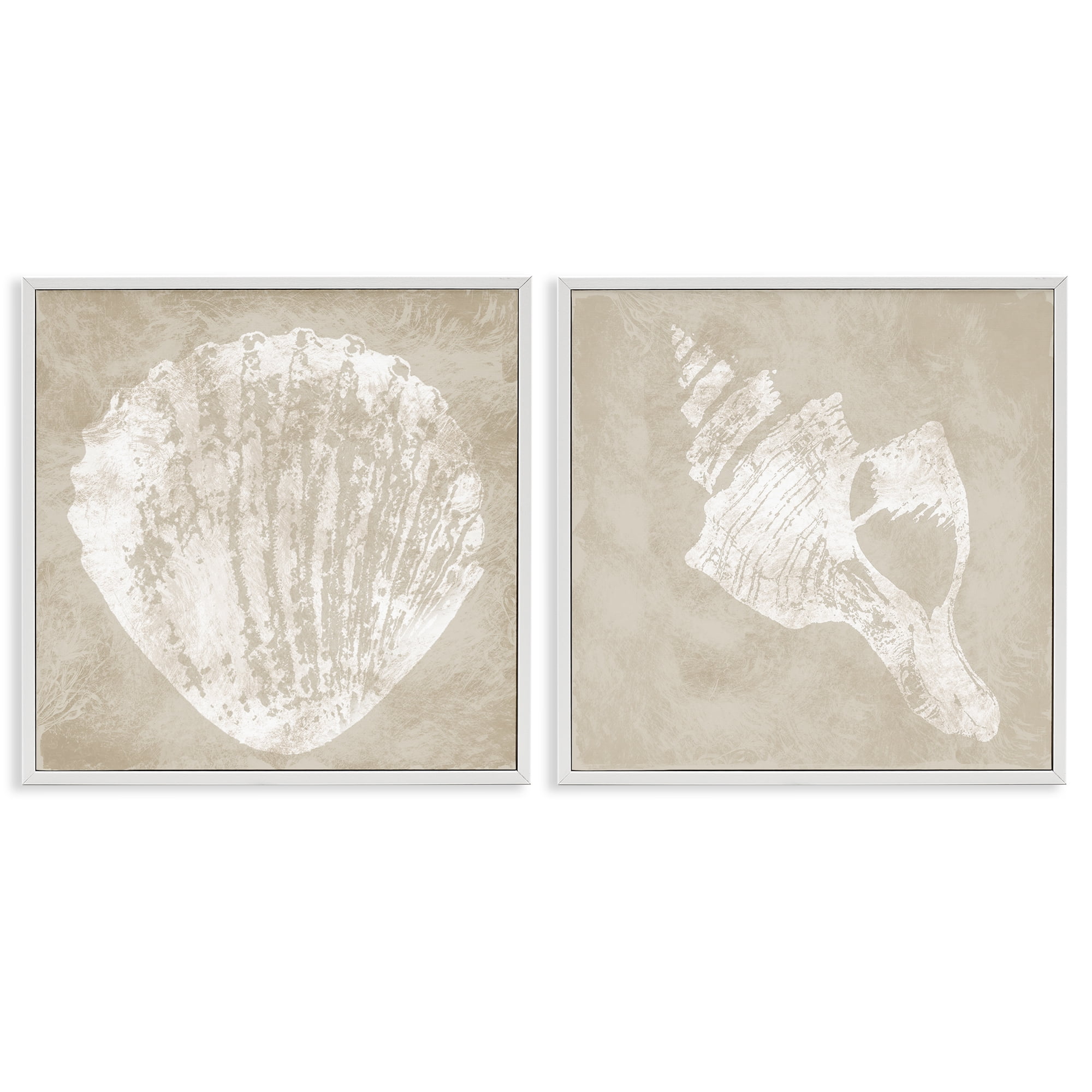 Stupell Industries Rustic Abstract Seashells Nautical & Beach Painting White Framed Art Print Wall Art, 17 x 17, Set of 2